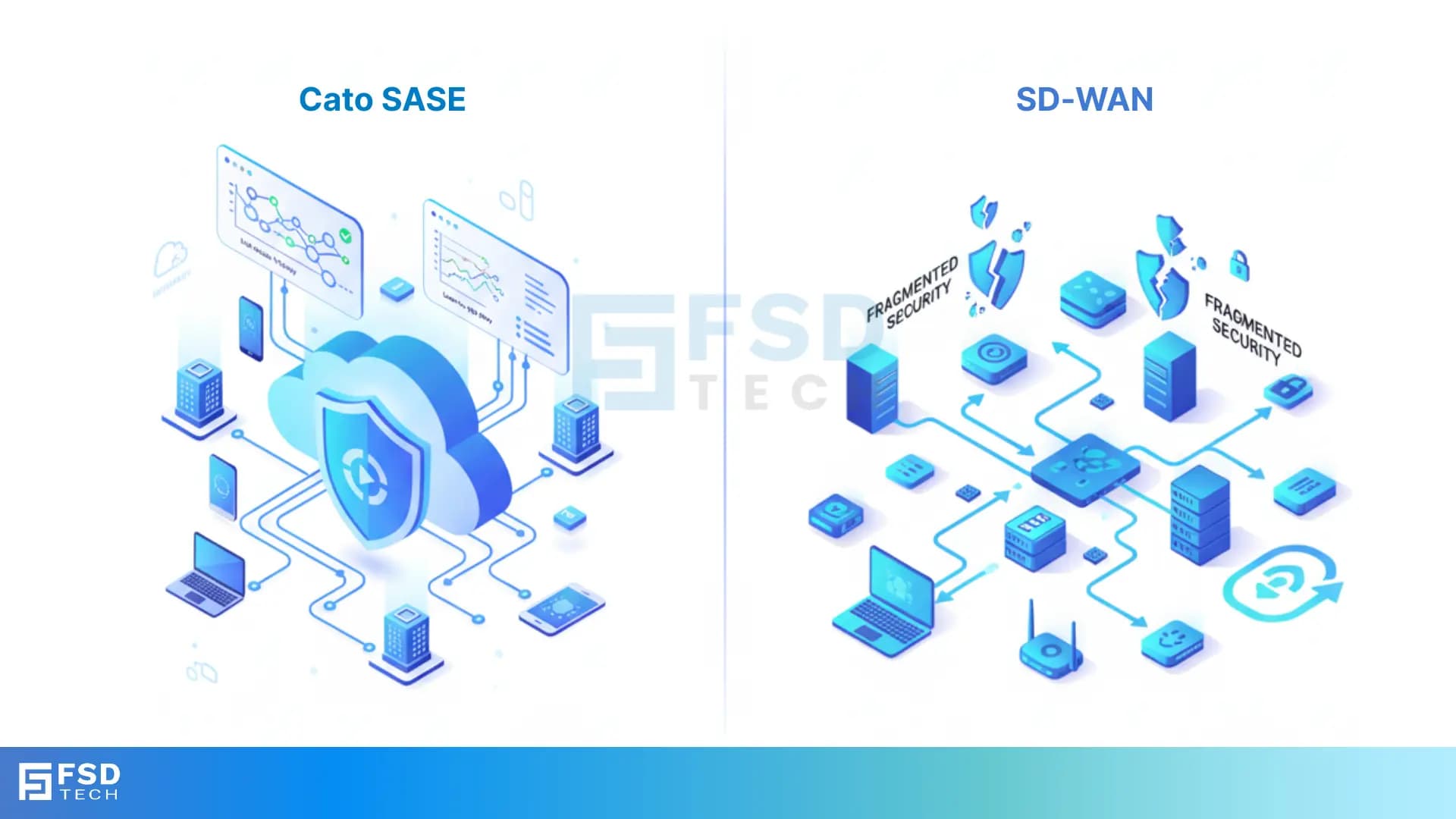 Visual comparison of Cato SASE vs SD-WAN — Cato shows integrated cloud-native security and networking, while SD-WAN displays fragmented security modules. Designed for enterprises in UAE, Dubai, GCC, and Africa seeking convergence.