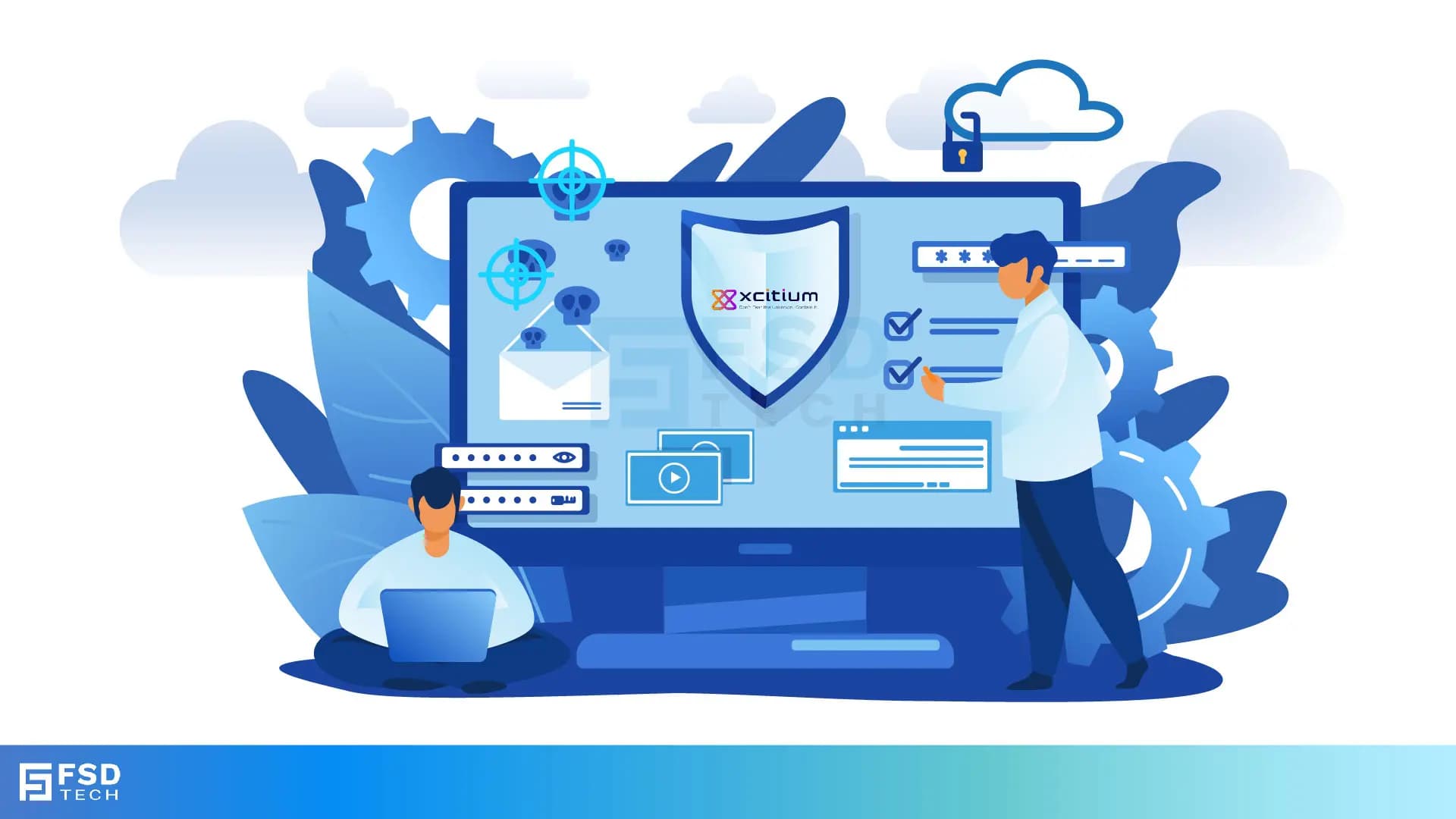 Illustration of Xcitium shield protecting business data with users, security icons, and cloud technology, emphasizing advanced endpoint protection.