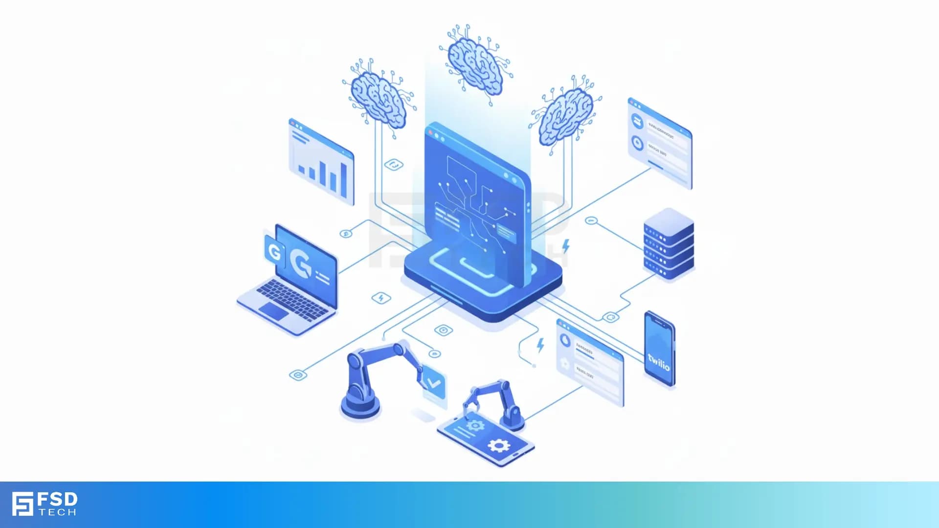 Isometric illustration of AI-powered workflow automation with digital dashboards, robotic arms, analytics, and connected devices representing ClickUp’s smart automation ecosystem.