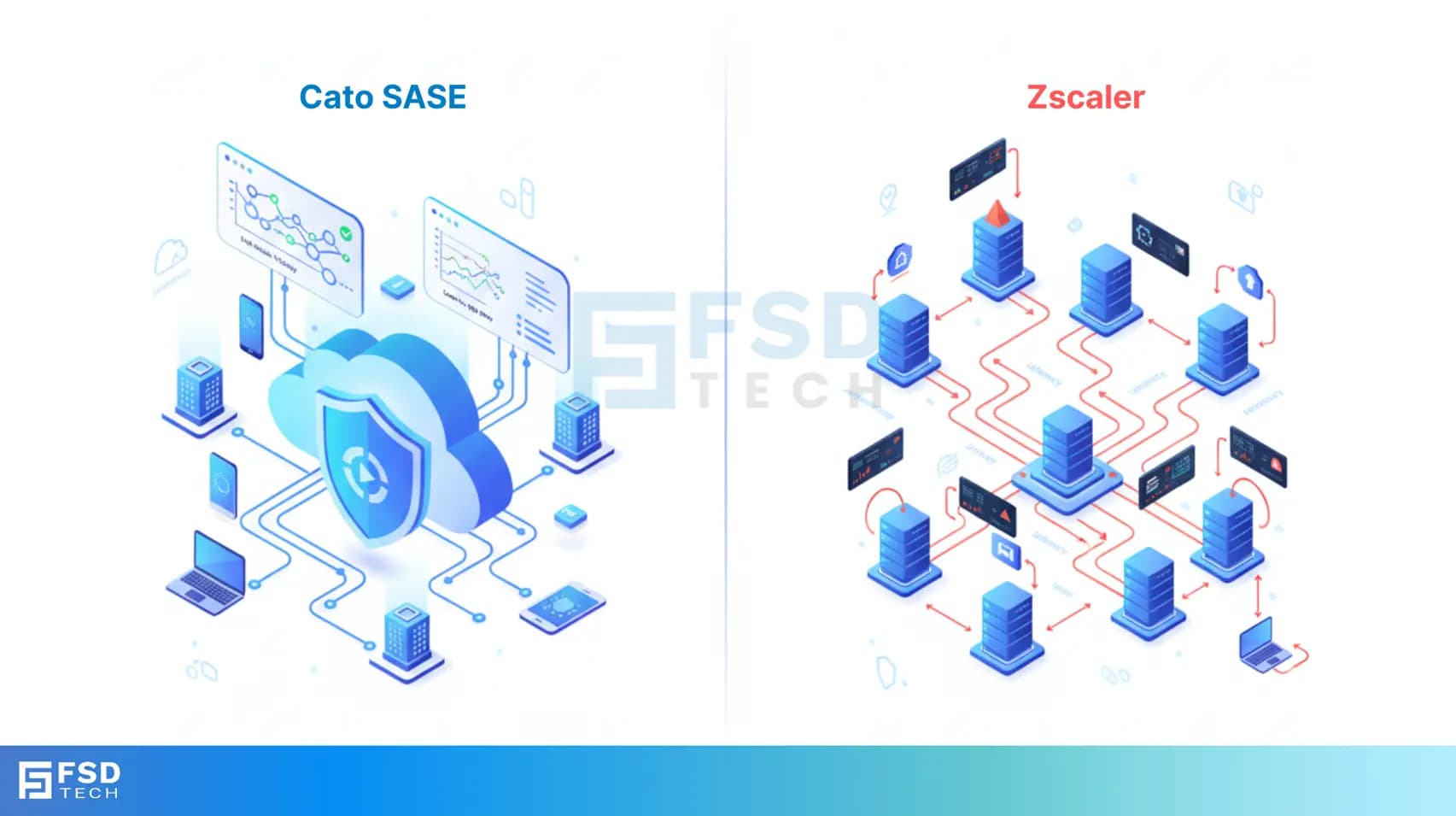 FSD Tech illustration comparing Cato SASE and Zscaler for Middle East businesses. Cato SASE shows a secure cloud with optimized connectivity, while Zscaler depicts multiple latency-prone paths. Visual highlights better performance, visibility, and simplicity for UAE and GCC