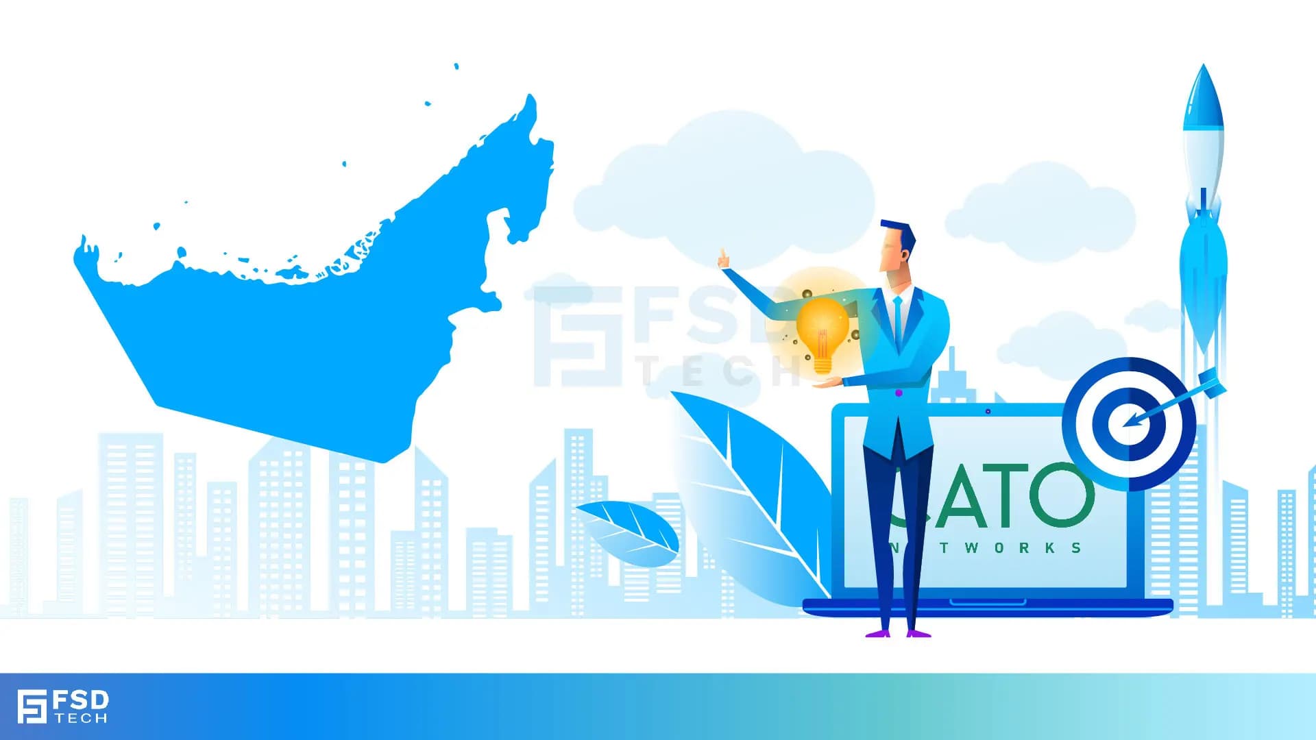 Illustration of UAE digital transformation with Cato Networks – business professional holding a glowing idea bulb, laptop showing Cato logo, rocket launch symbolizing growth, and UAE map in blue. Modern cityscape background with FSD Tech branding, representing innovation, cloud security, and network transformation in the GCC.