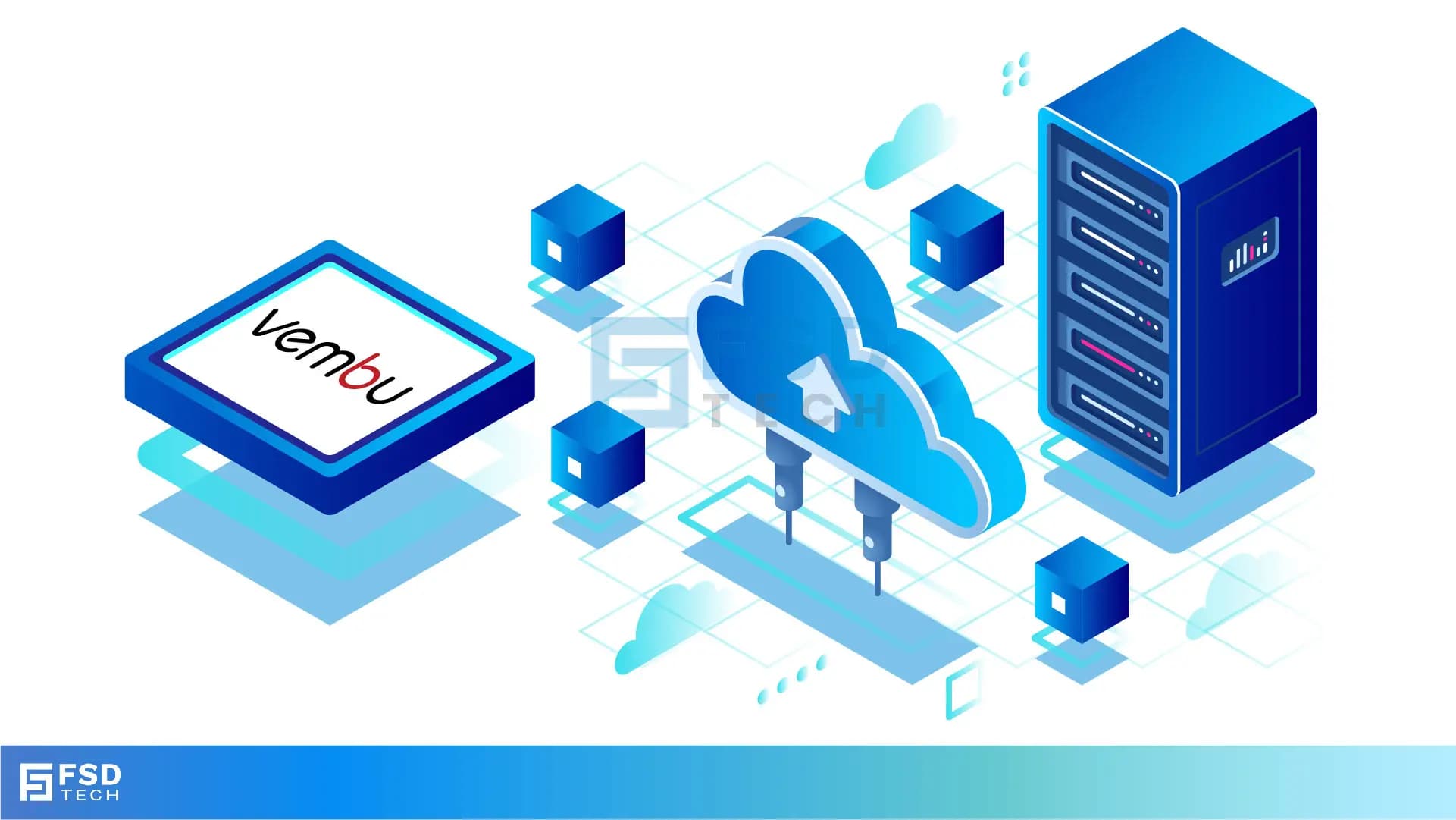 FSD Tech visual of Vembu cloud backup and server infrastructure. Highlights secure enterprise backup, hybrid cloud storage, and disaster recovery solutions. Depicts Vembu as a reliable choice for cloud-based and on-premise data protection." Keywords: Vembu cloud backup, enterprise data protection, disaster recovery solutions, hybrid cloud storage, secure backup for SMBs.