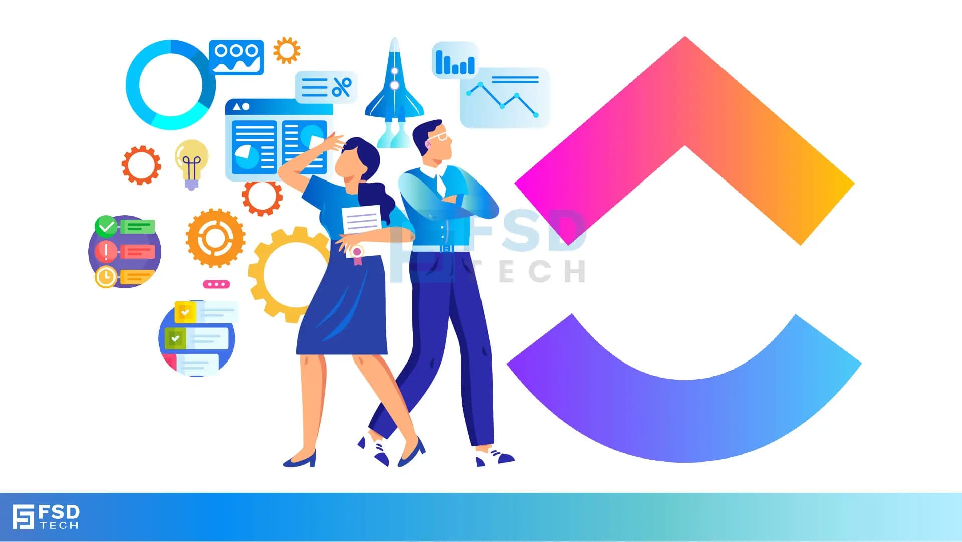 FSD Tech illustration of professionals with charts, gears, and workflow icons beside the colorful ClickUp logo, symbolizing productivity and collaboration."