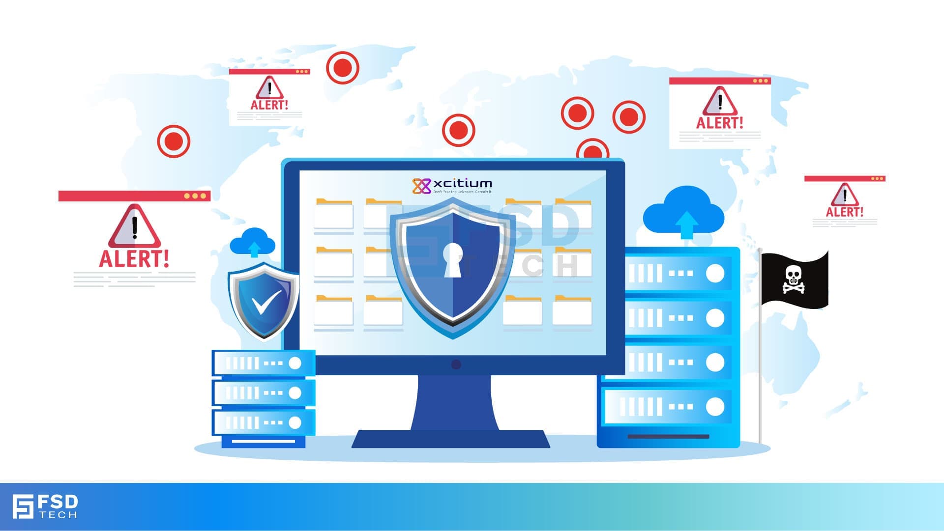 FSD Tech illustration of phishing and ransomware threats. Shows global attack alerts, hacker intrusion symbols, and shielded computer with secure cloud backups. Highlights the importance of Zero Dwell containment and continuous monitoring to block phishing campaigns and data breaches.