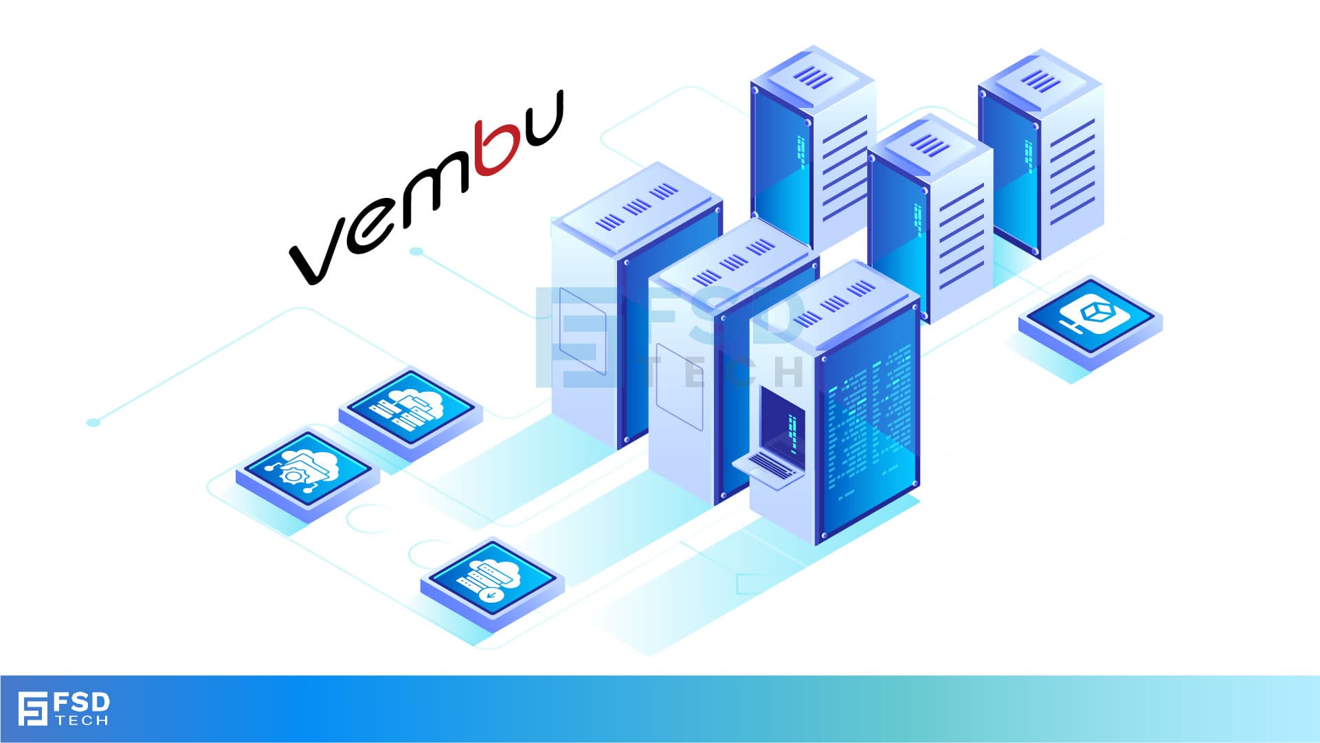 FSD Tech illustration of Vembu backup servers and cloud infrastructure for secure enterprise data protection. Visual highlights Vembu’s role in air-gapped backups, disaster recovery, and hybrid cloud storage. Keywords: Vembu backup, enterprise data protection, disaster recovery, cloud storage security, hybrid backup solutions.
