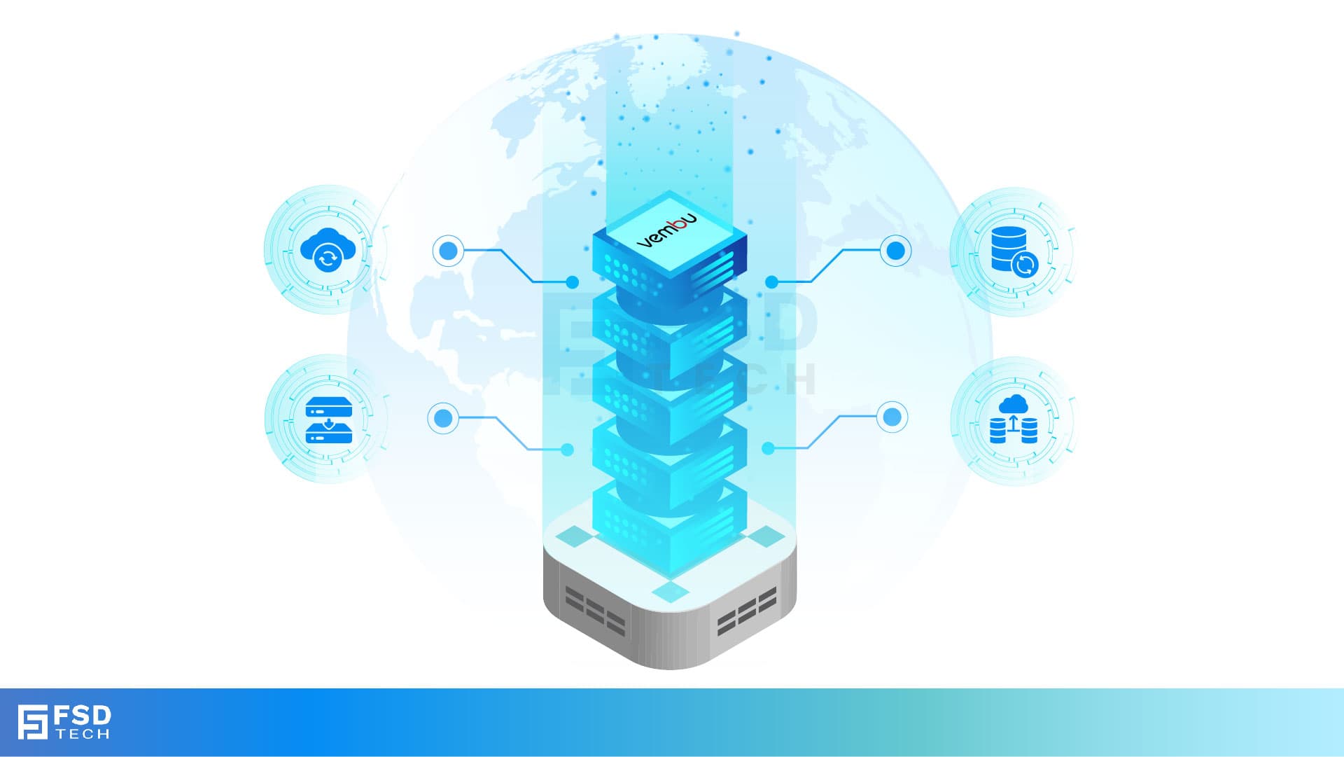 FSD Tech visual with Vembu logo and global data protection concept. Illustration shows secure cloud backup, restore management, and automated disaster recovery across global data centers, highlighting Vembu’s role in ensuring reliable backup testing and compliance.
