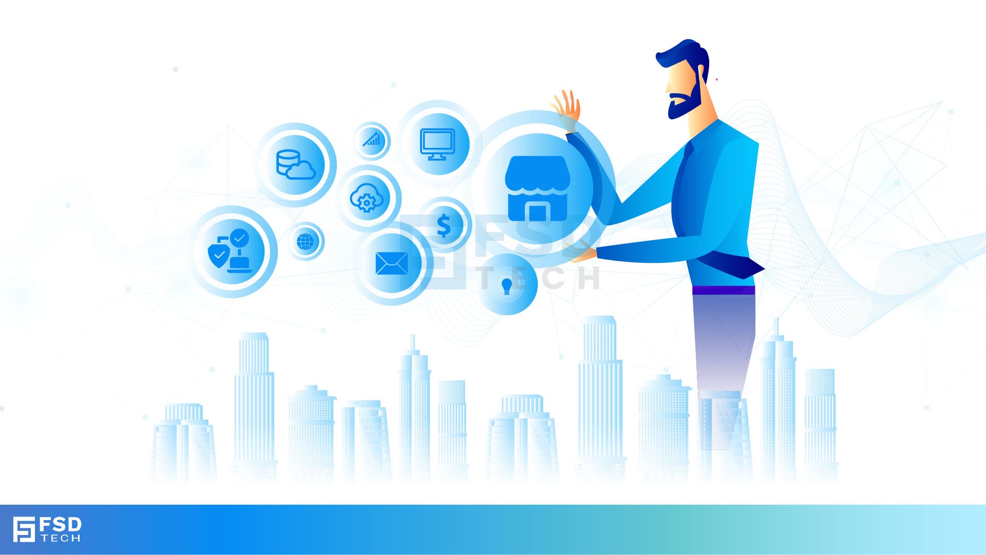 Businessman Managing Hybrid Cloud Backup Solutions With Icons Representing Data Security, Compliance, Applications, And Cost Efficiency