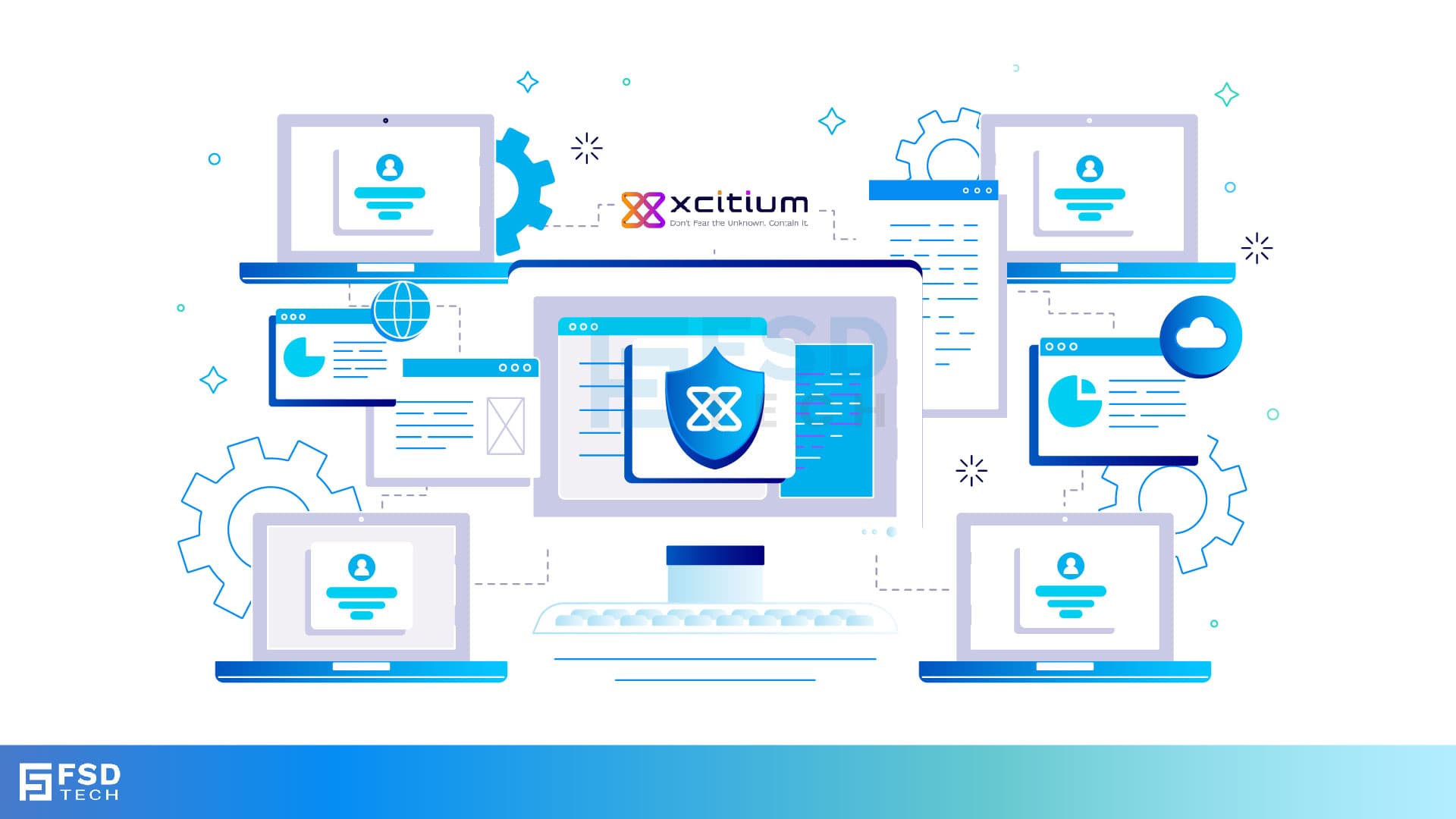Illustration of Xcitium cybersecurity platform with shield icon at the center, surrounded by laptops and cloud connections, representing MDR, EDR, and Zero Dwell Containment for SMBs in GCC and Africa.