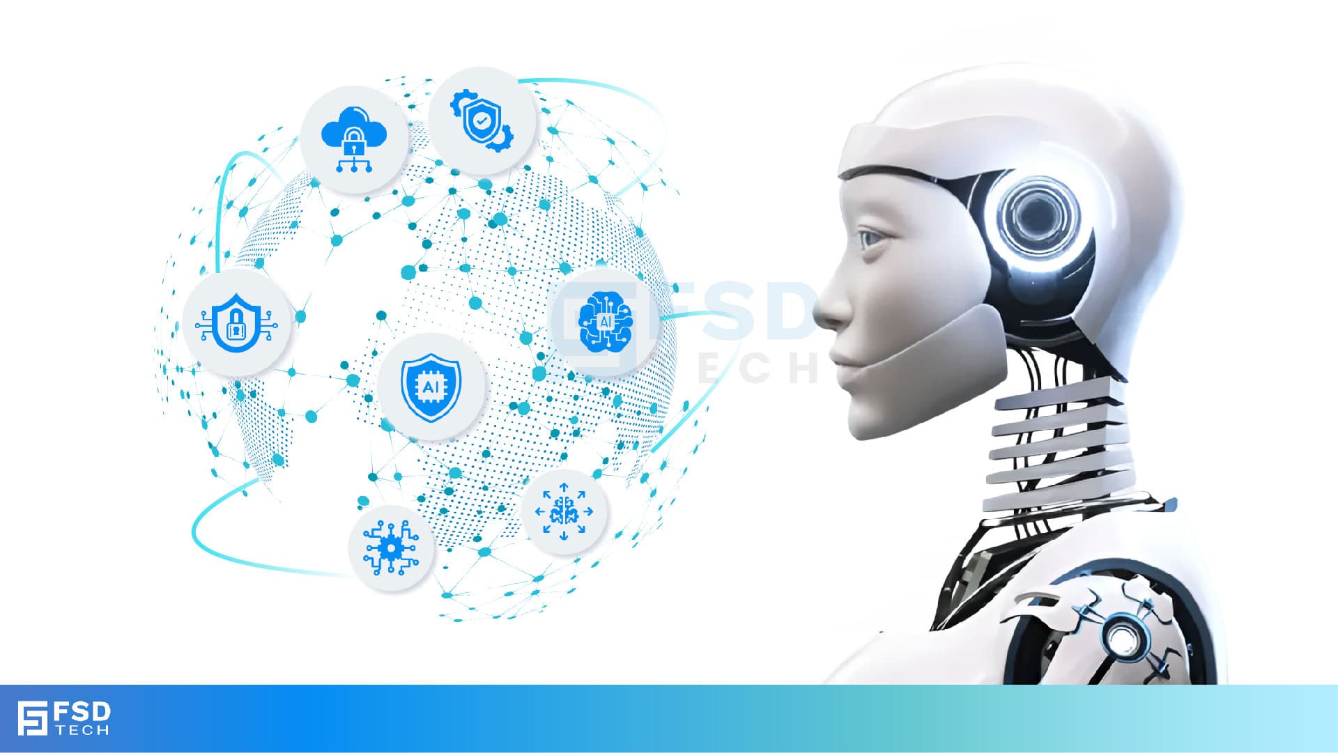 FSD Tech illustration of AI cybersecurity. Shows a futuristic humanoid robot analyzing a digital globe with icons representing AI security, cloud protection, encryption, and adversarial defense. Symbolizes protecting artificial intelligence systems against modern cyber risks.