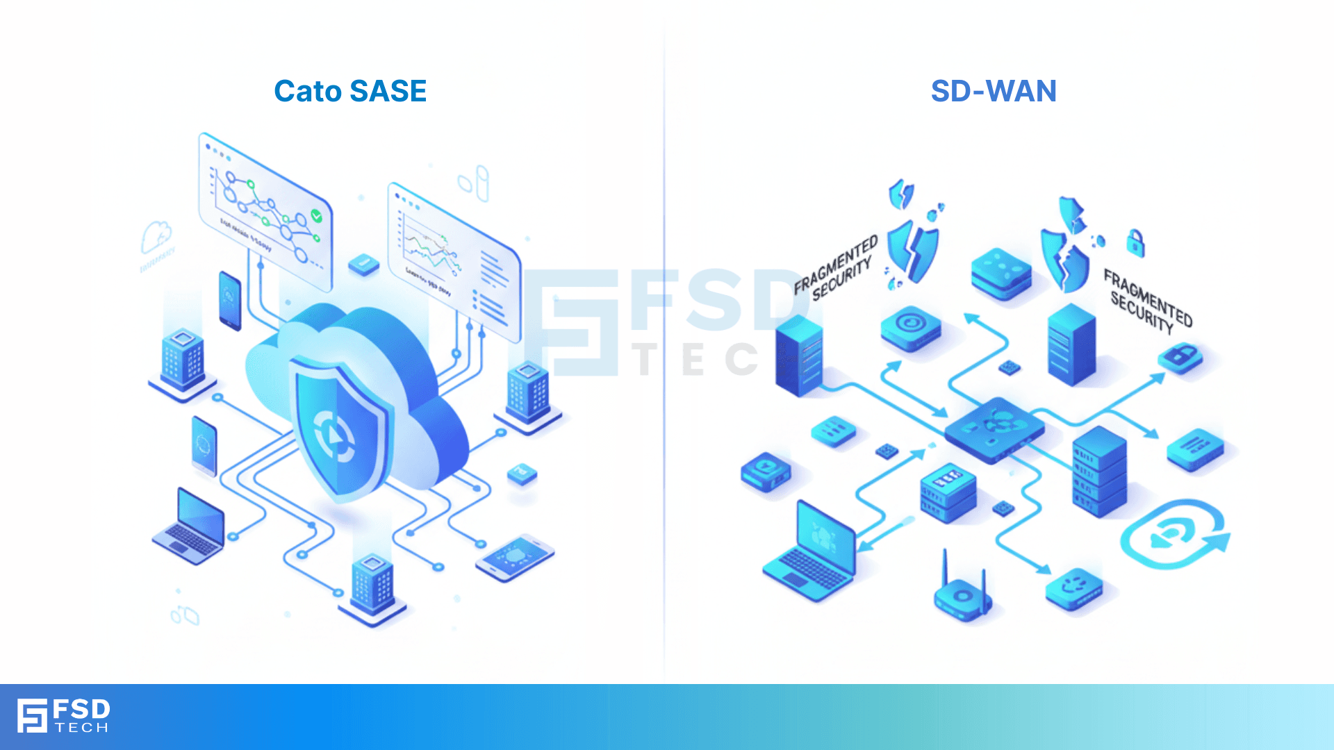 Visual comparison of Cato SASE vs SD-WAN — Cato shows integrated cloud-native security and networking, while SD-WAN displays fragmented security modules. Designed for enterprises in UAE, Dubai, GCC, and Africa seeking convergence.