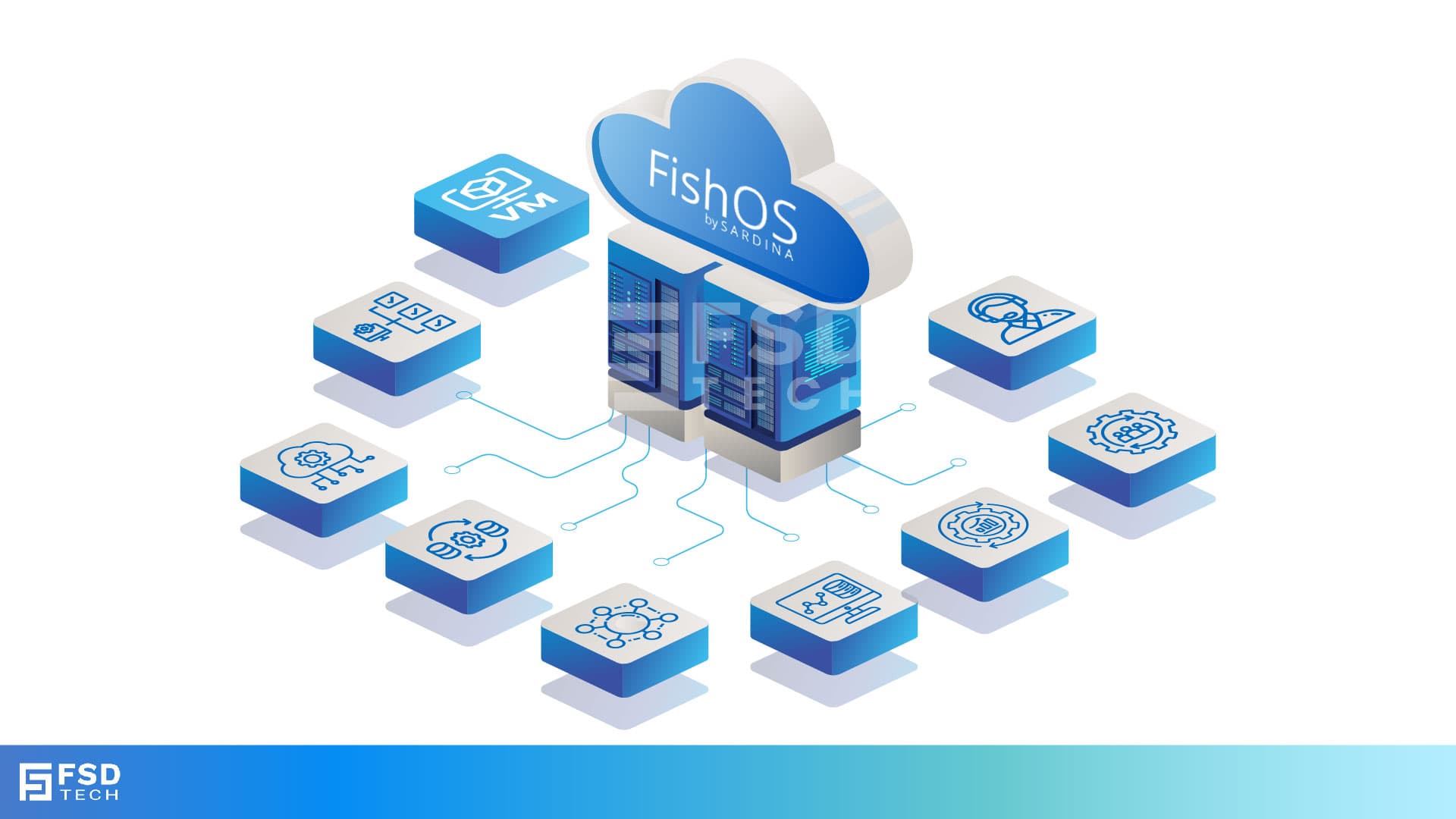 FishOS by Sardina powering OpenStack cloud operations with interconnected icons for VM, automation, monitoring, and orchestration in a modern IT infrastructure setup