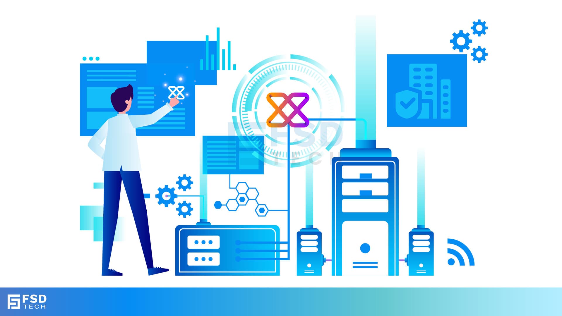 Vector illustration of a cybersecurity professional managing IT infrastructure with Xcitium technology, showcasing real-time monitoring, data security, and automation for endpoint protection and compliance.