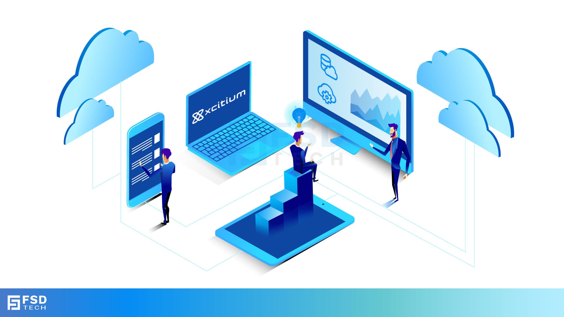 Illustration of Xcitium cloud security platform with users, devices, and analytics, symbolizing endpoint protection and threat defense.