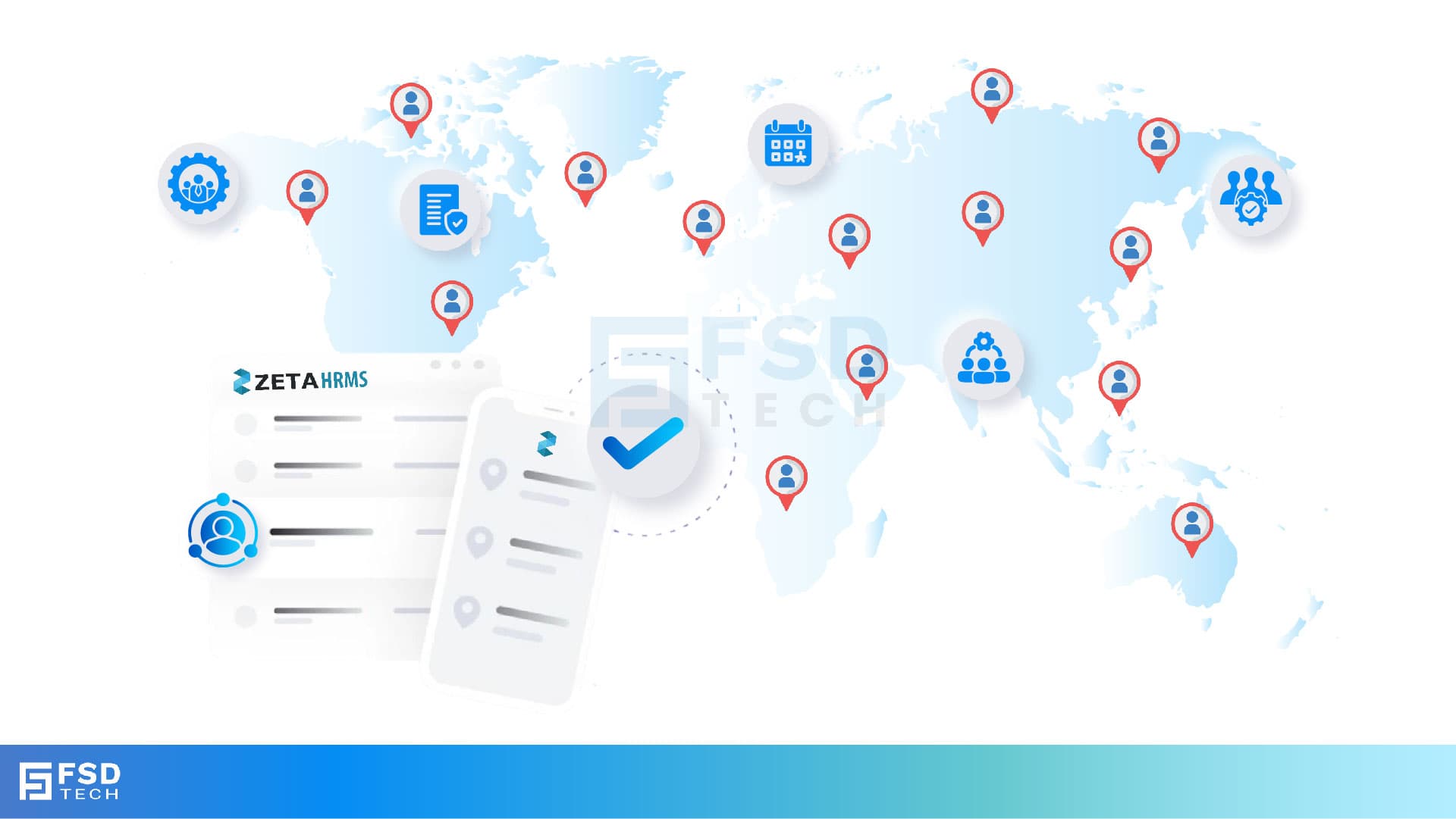 Zeta HRMS Global Dashboard Illustration Showing Workforce Locations, Holiday Calendars, And Compliance Features Across Multiple Regions