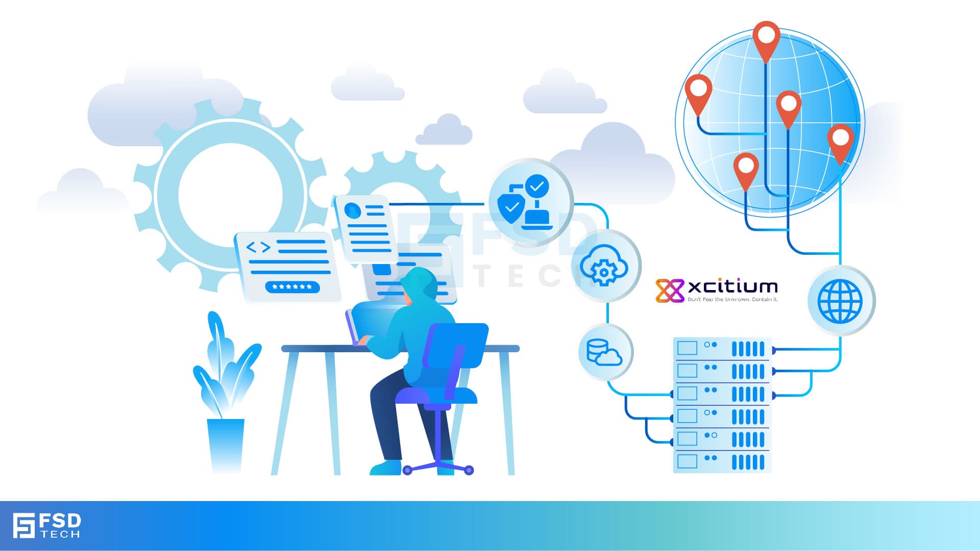 Illustration of a hacker at a computer with global network connections, representing cyberattacks and Xcitium’s containment and monitoring solutions.