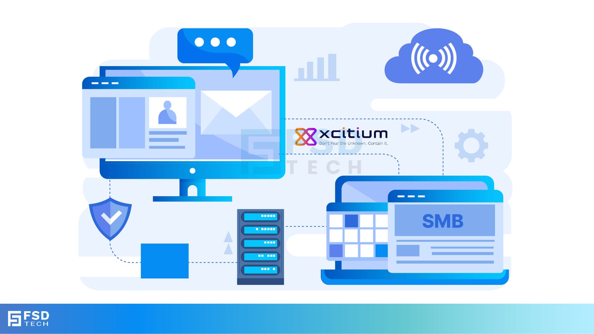 Vector illustration showing SMB IT infrastructure connected to Xcitium’s cloud security with servers, shield icons, and compliance monitoring for real-time cyber protection.
