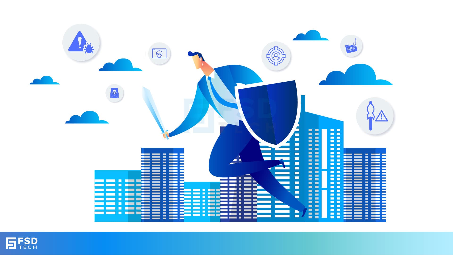 Illustration of a businessman with shield and sword protecting enterprises from cyber threats, symbolizing zero-day defense and security.