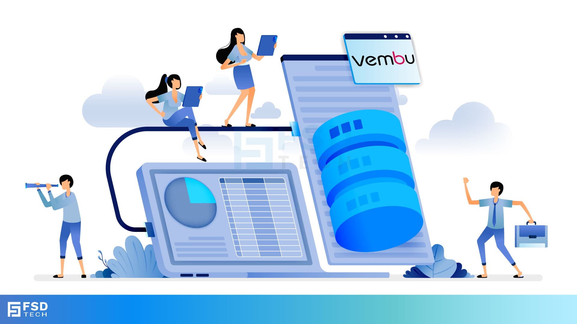 Vector illustration of data storage, cloud backup, and analytics by FSD Tech, featuring Vembu solutions with professionals managing secure data systems.