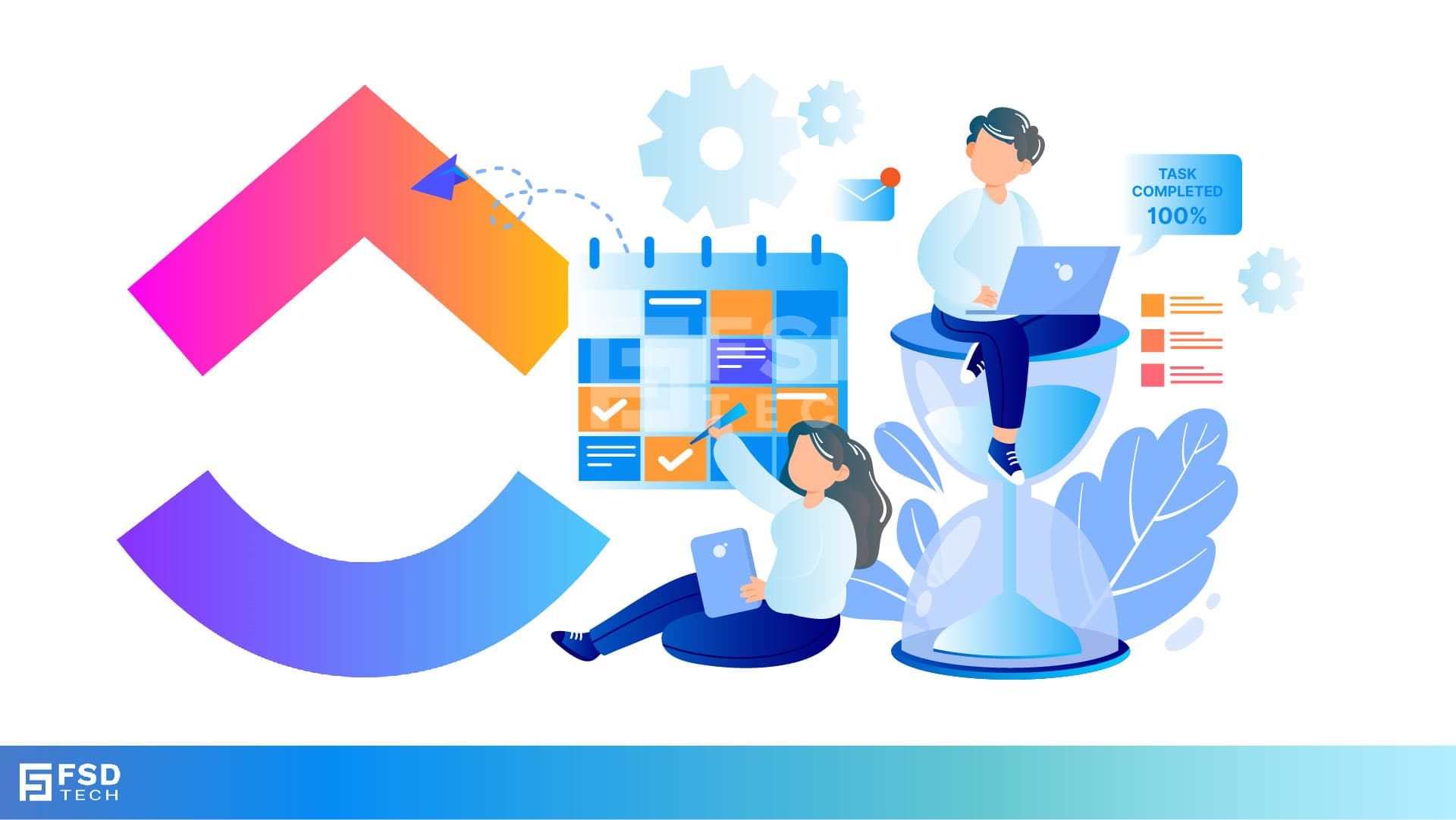 ClickUp Illustration Showing Calendar Gear Icons And Team Members Completing Tasks With 100 Percent Completion Status