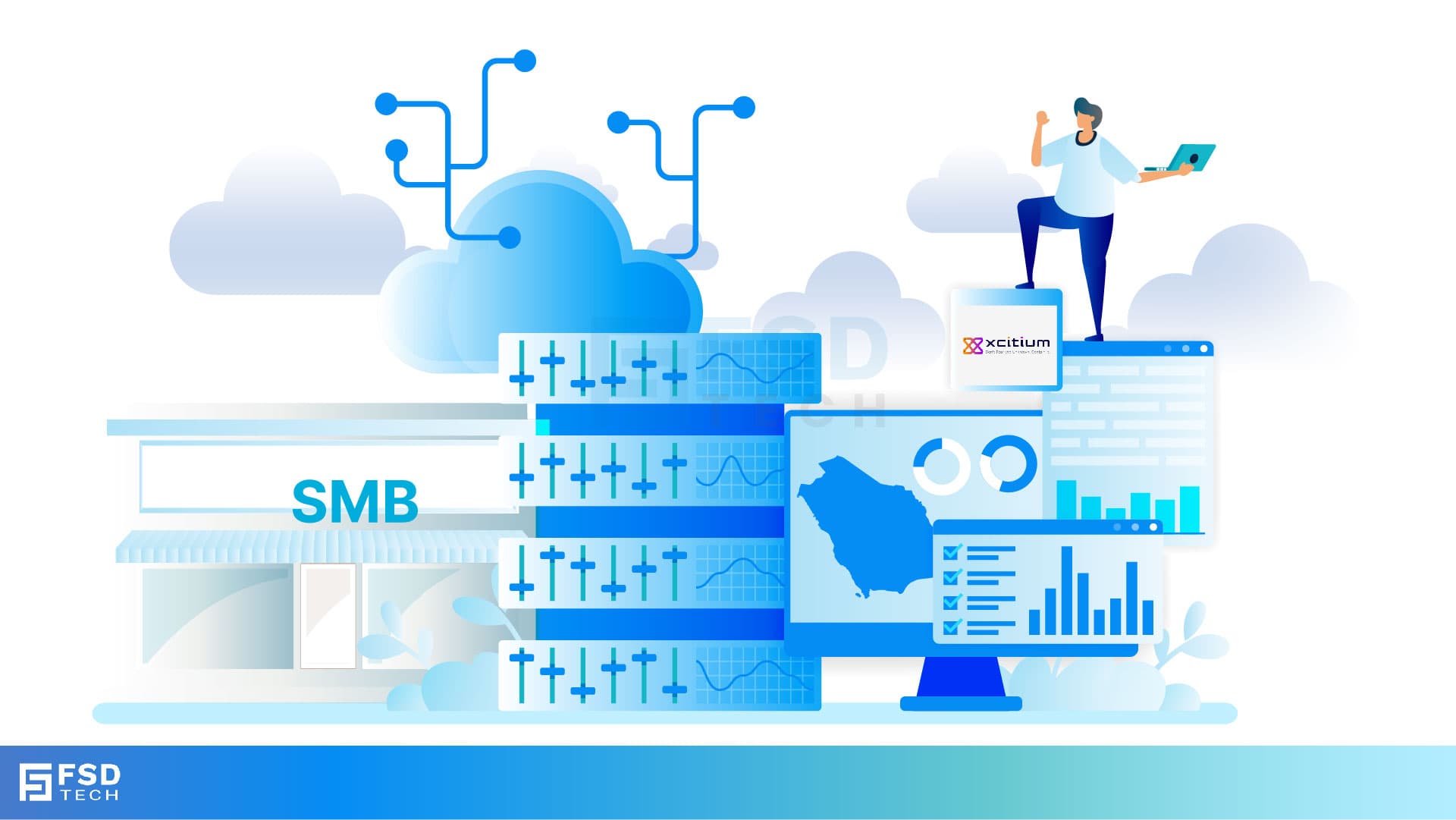 Illustration showing SMB cybersecurity with cloud technology, analytics dashboards, and Xcitium protection, highlighting data security for businesses in GCC.