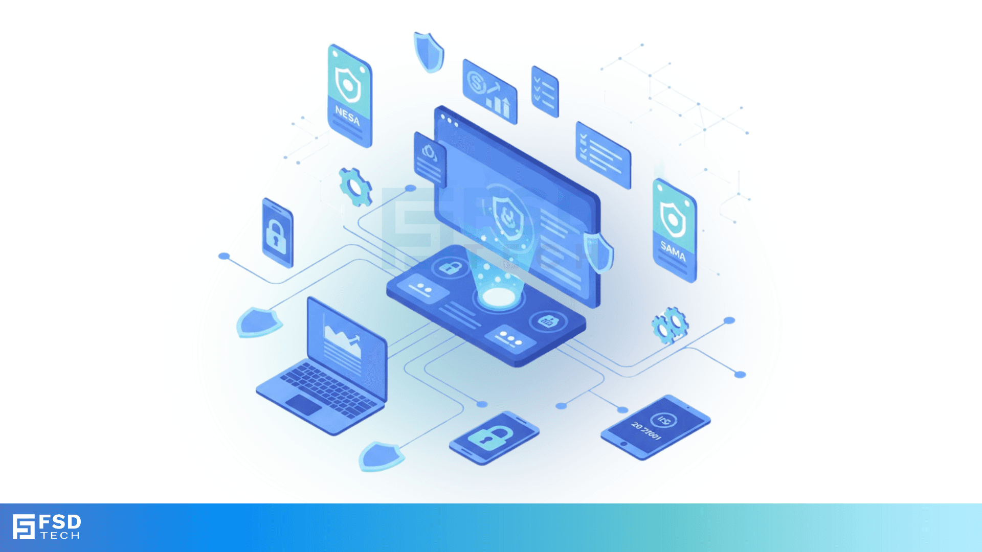 A 3D isometric illustration showing cybersecurity and compliance systems interconnected. The visual features a central computer monitor surrounded by floating icons representing security standards like NESA, SAMA, and ISO 27001, as well as locks, shields, gears, and analytics dashboards. Blue tones dominate the scene, reflecting digital protection and compliance monitoring. The FSD Tech logo appears at the bottom, emphasizing enterprise-grade IT security and compliance automation.