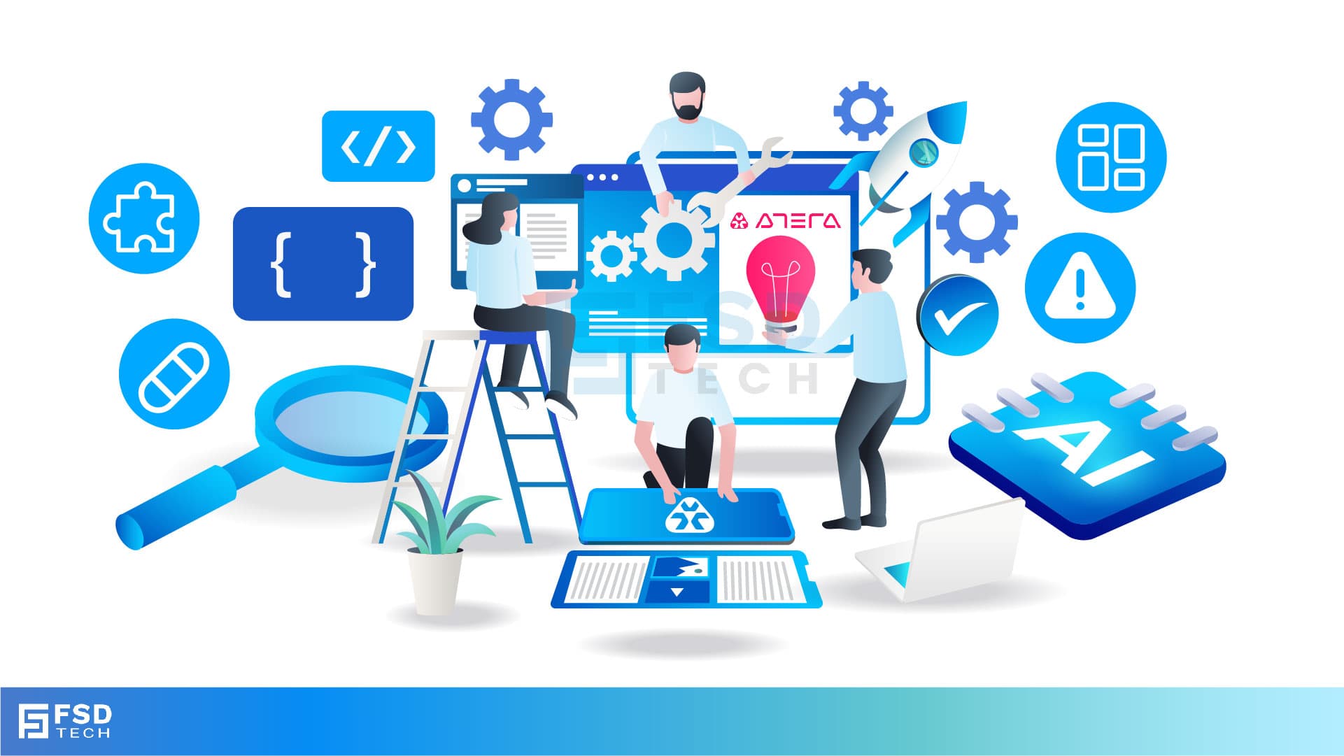 Illustration of IT professionals using Atera platform features, AI tools, automation icons, and coding elements to boost productivity – FSD Tech branding
