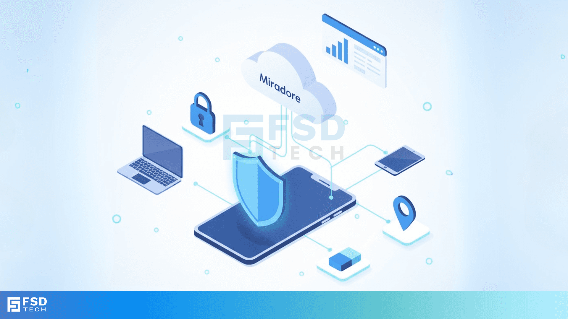 Illustration Of Miradore Cloud Platform Connecting Smartphones, Laptops, And Tablets With Security Icons Including Shield, Lock, And Location Pin, Representing Remote Device Management And Data Protection.