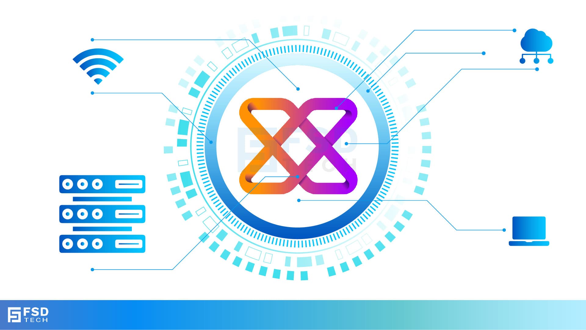 FSD Tech visual featuring Xcitium logo at the center of a digital network design, connected to icons for servers, WiFi, laptops, and cloud security.