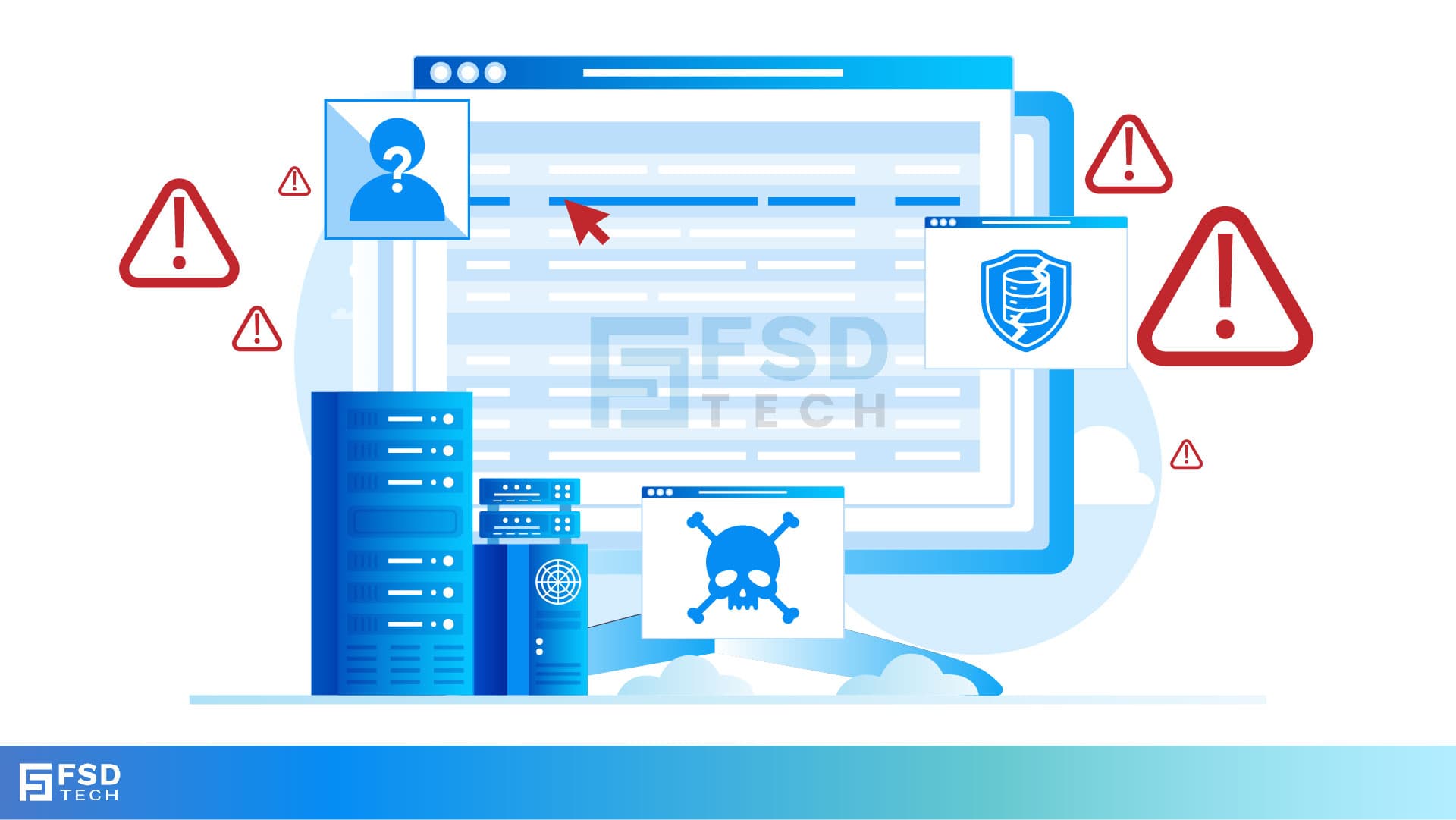FSD Tech illustration showing a data breach attack on IT infrastructure. Visual includes red warning icons, hacker intrusion symbols, and a shield representing cybersecurity defense. Depicts risks of ransomware, malware, and compliance violations in enterprise systems.