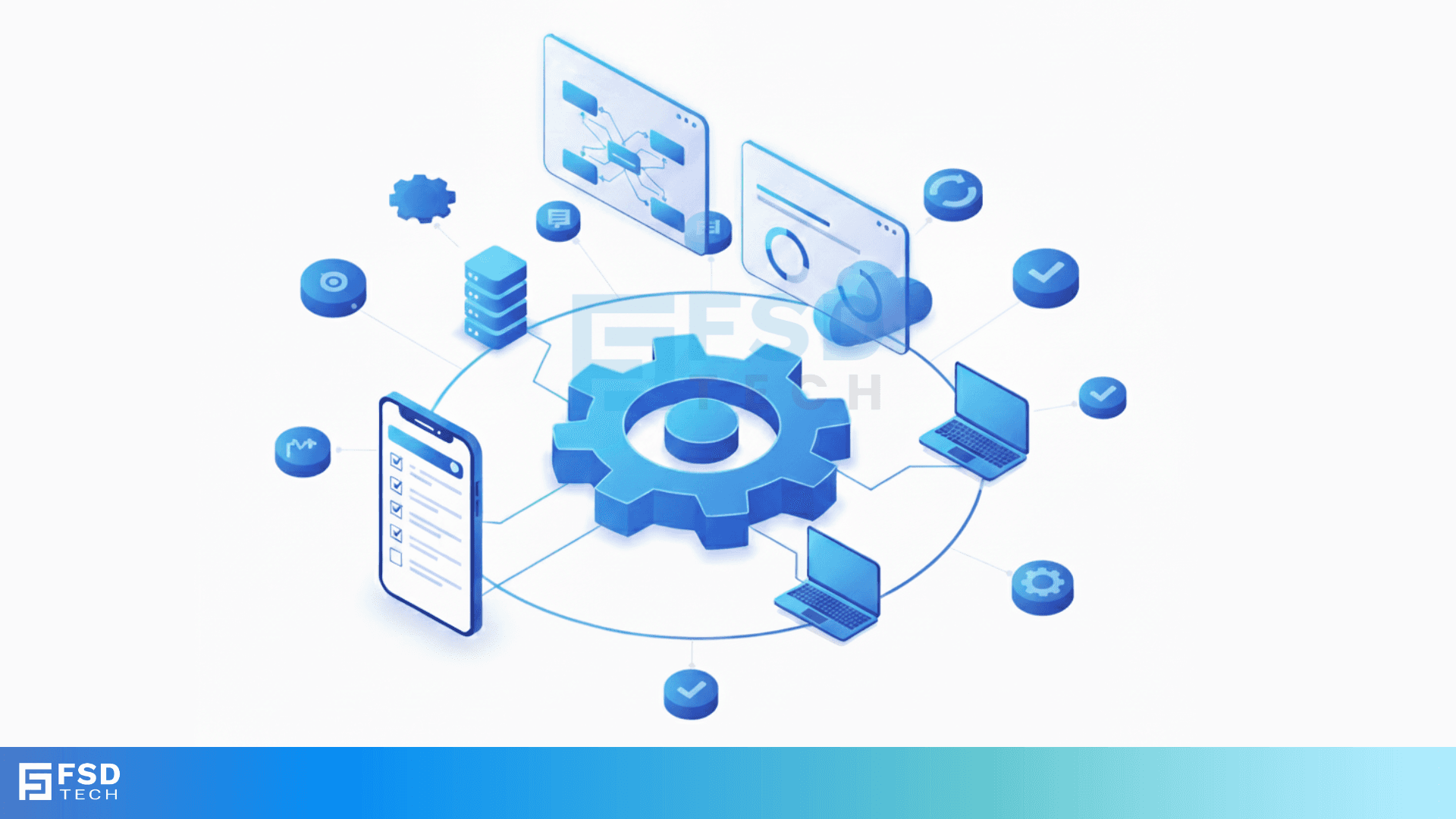 FSD Tech illustration showing IT automation and device connectivity. Central gear symbol with laptops, mobile, dashboards, and servers linked in a digital workflow, representing unified IT management for UAE and GCC businesses.