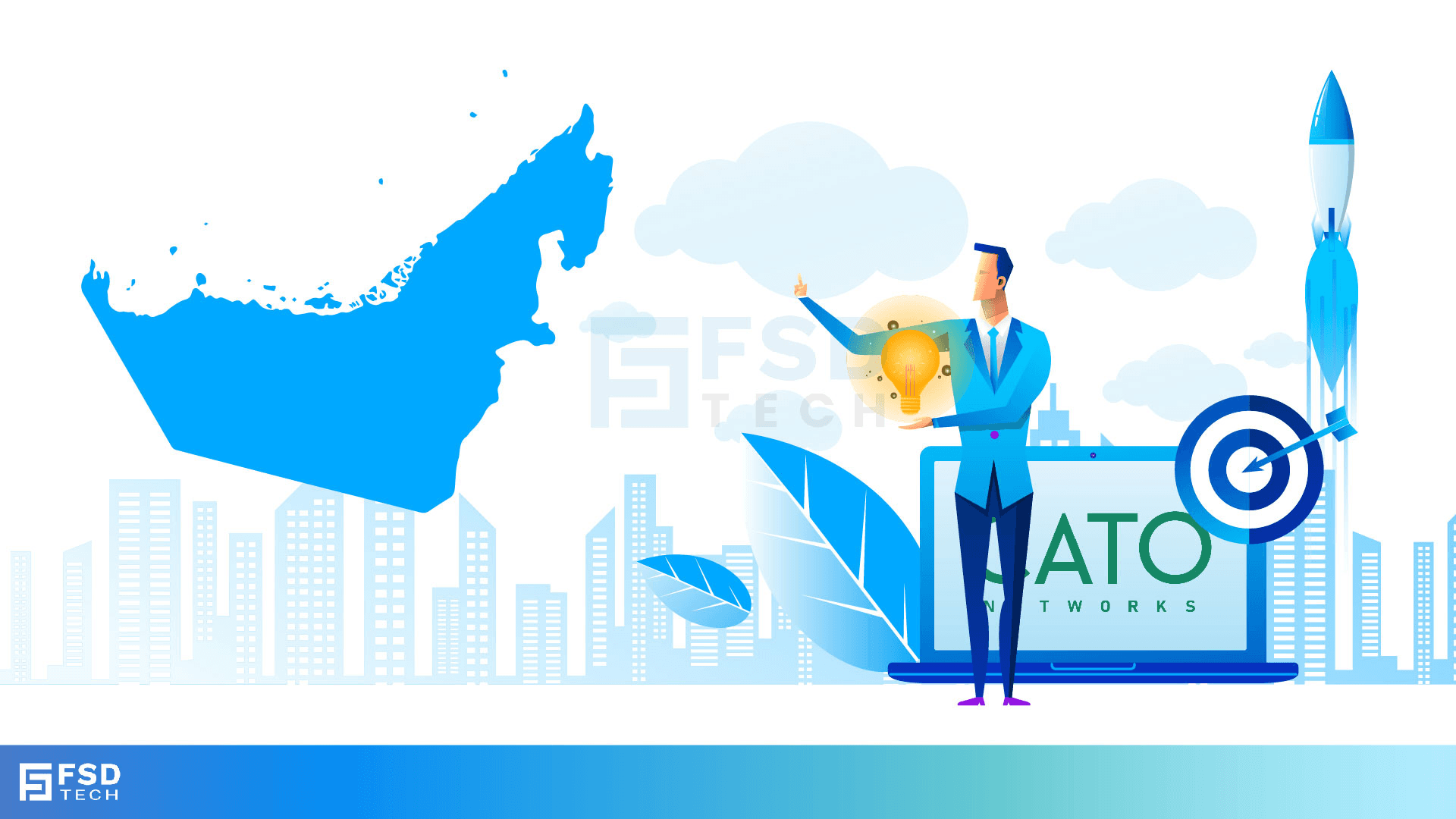 Illustration of UAE digital transformation with Cato Networks – business professional holding a glowing idea bulb, laptop showing Cato logo, rocket launch symbolizing growth, and UAE map in blue. Modern cityscape background with FSD Tech branding, representing innovation, cloud security, and network transformation in the GCC.