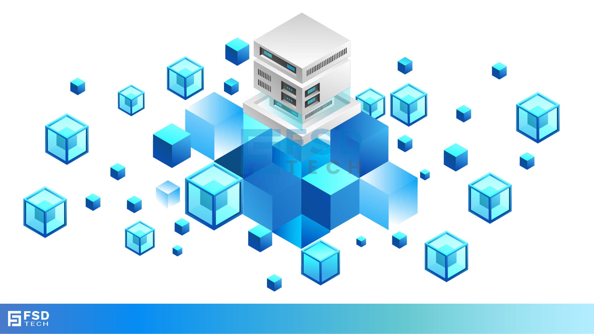 Isometric illustration of a central server surrounded by floating blue cubes, symbolizing secure data storage and encryption. FSD Tech branding is shown at the bottom.