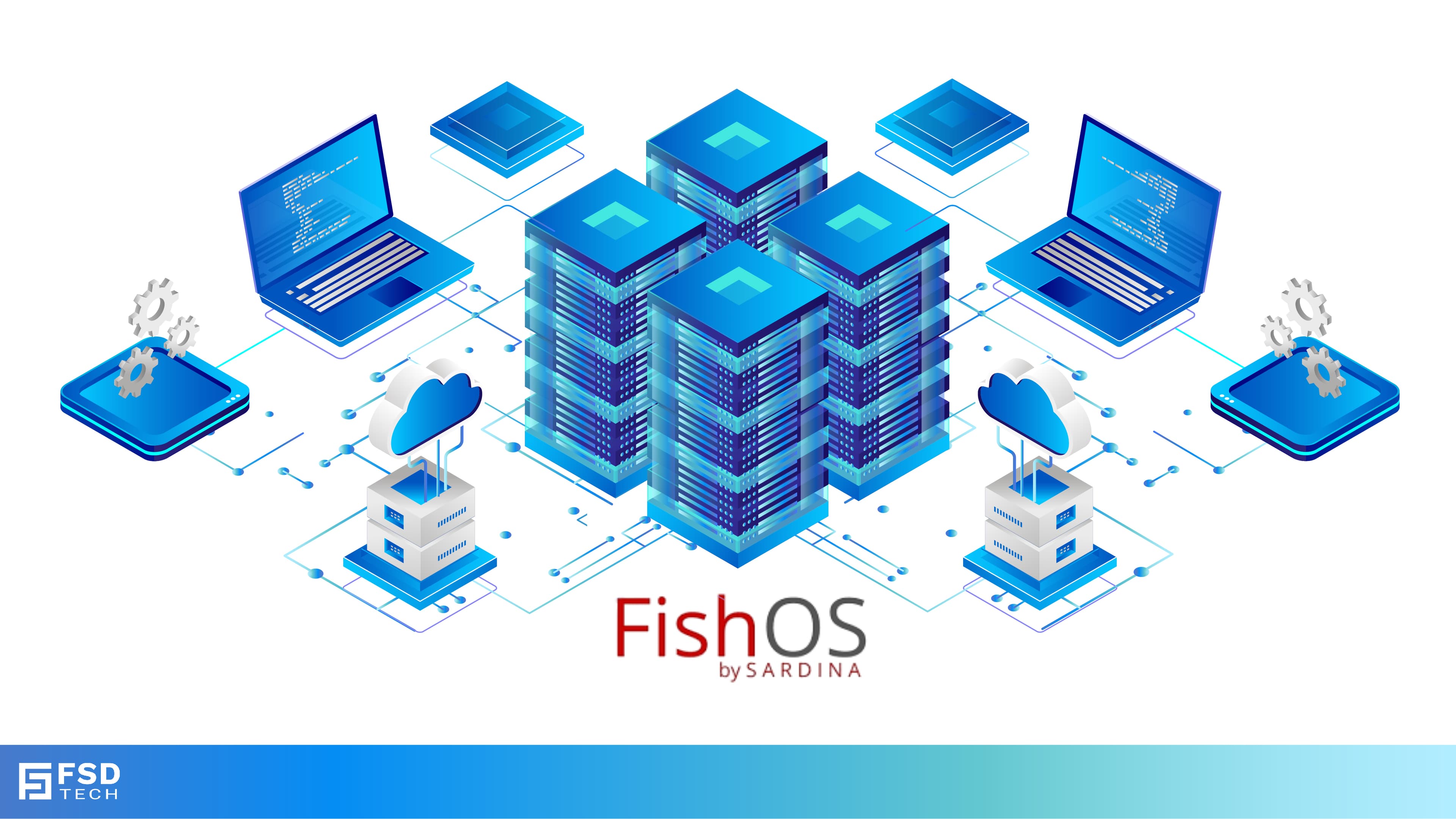 Illustration of FishOS by Sardina showcasing interconnected servers, laptops, clouds, and gears symbolizing automated, scalable, and integrated IT infrastructure.