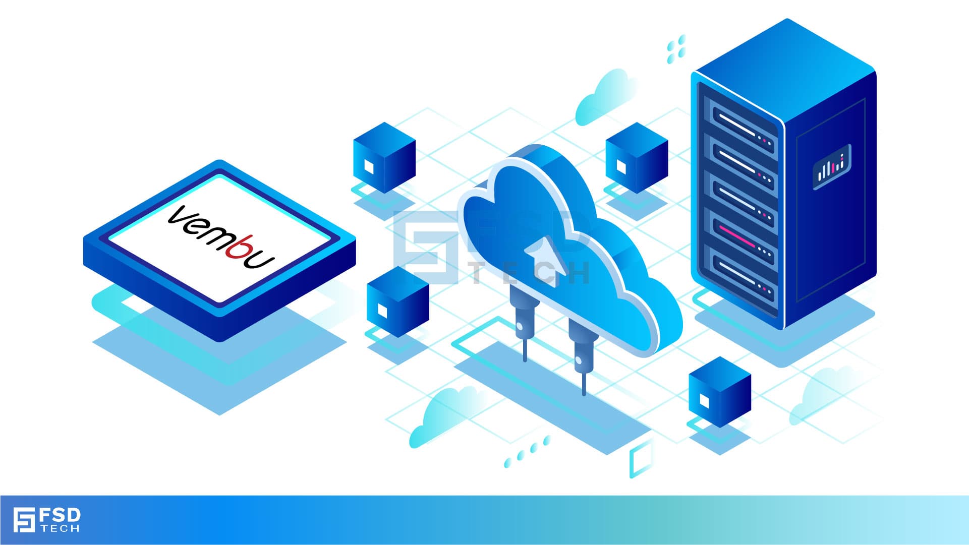 FSD Tech visual of Vembu cloud backup and server infrastructure. Highlights secure enterprise backup, hybrid cloud storage, and disaster recovery solutions. Depicts Vembu as a reliable choice for cloud-based and on-premise data protection." Keywords: Vembu cloud backup, enterprise data protection, disaster recovery solutions, hybrid cloud storage, secure backup for SMBs.