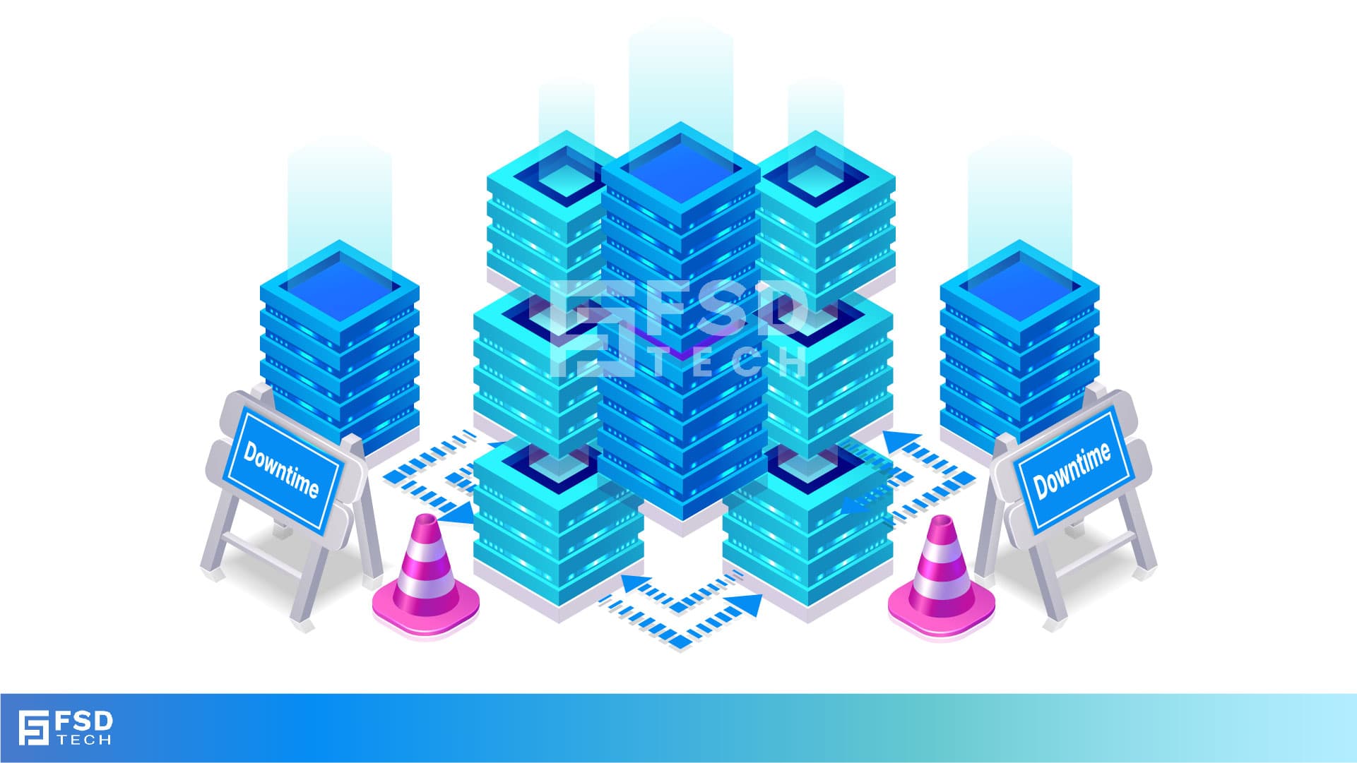 FSD Tech visual showing data center servers with downtime warning signs, highlighting the business risk of outages. Represents Vembu disaster recovery solutions for reducing downtime impact through instant recovery, automated failover, and reliable data backup.