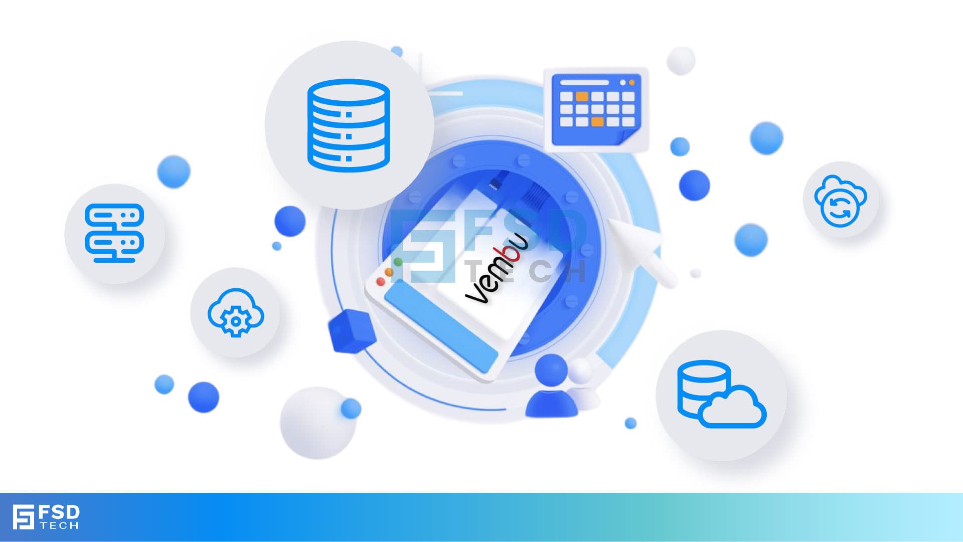 Vembu Backup Illustration Featuring Database Cloud And Scheduling Icons Representing Data Protection And Automated Backup Management