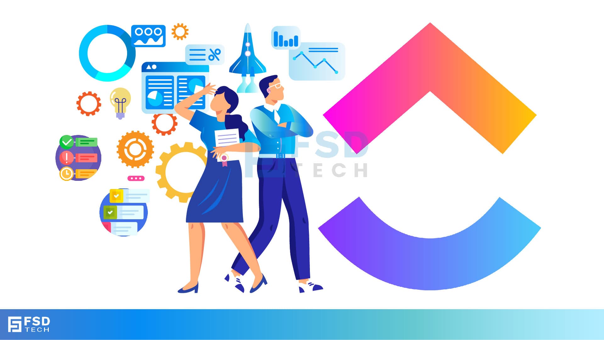 FSD Tech illustration of professionals with charts, gears, and workflow icons beside the colorful ClickUp logo, symbolizing productivity and collaboration."