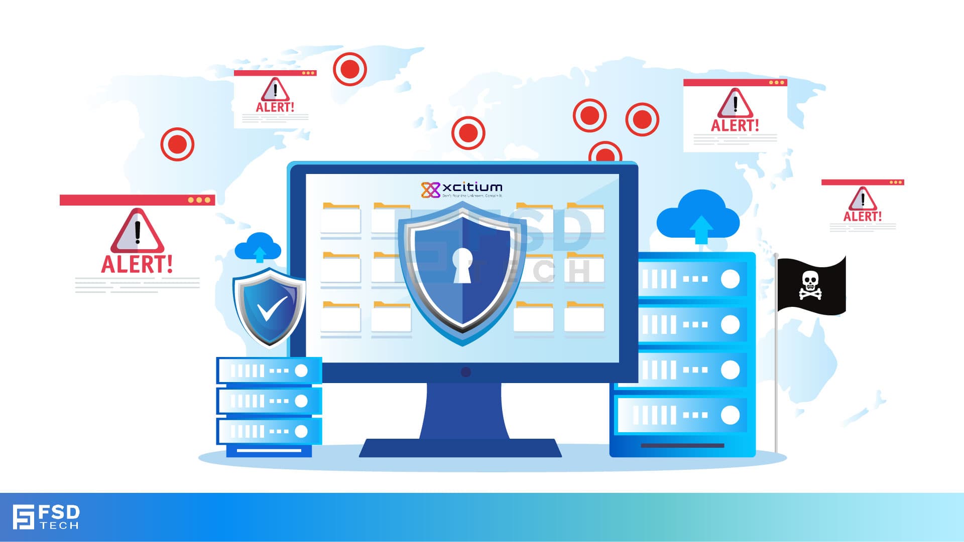 FSD Tech illustration of phishing and ransomware threats. Shows global attack alerts, hacker intrusion symbols, and shielded computer with secure cloud backups. Highlights the importance of Zero Dwell containment and continuous monitoring to block phishing campaigns and data breaches.