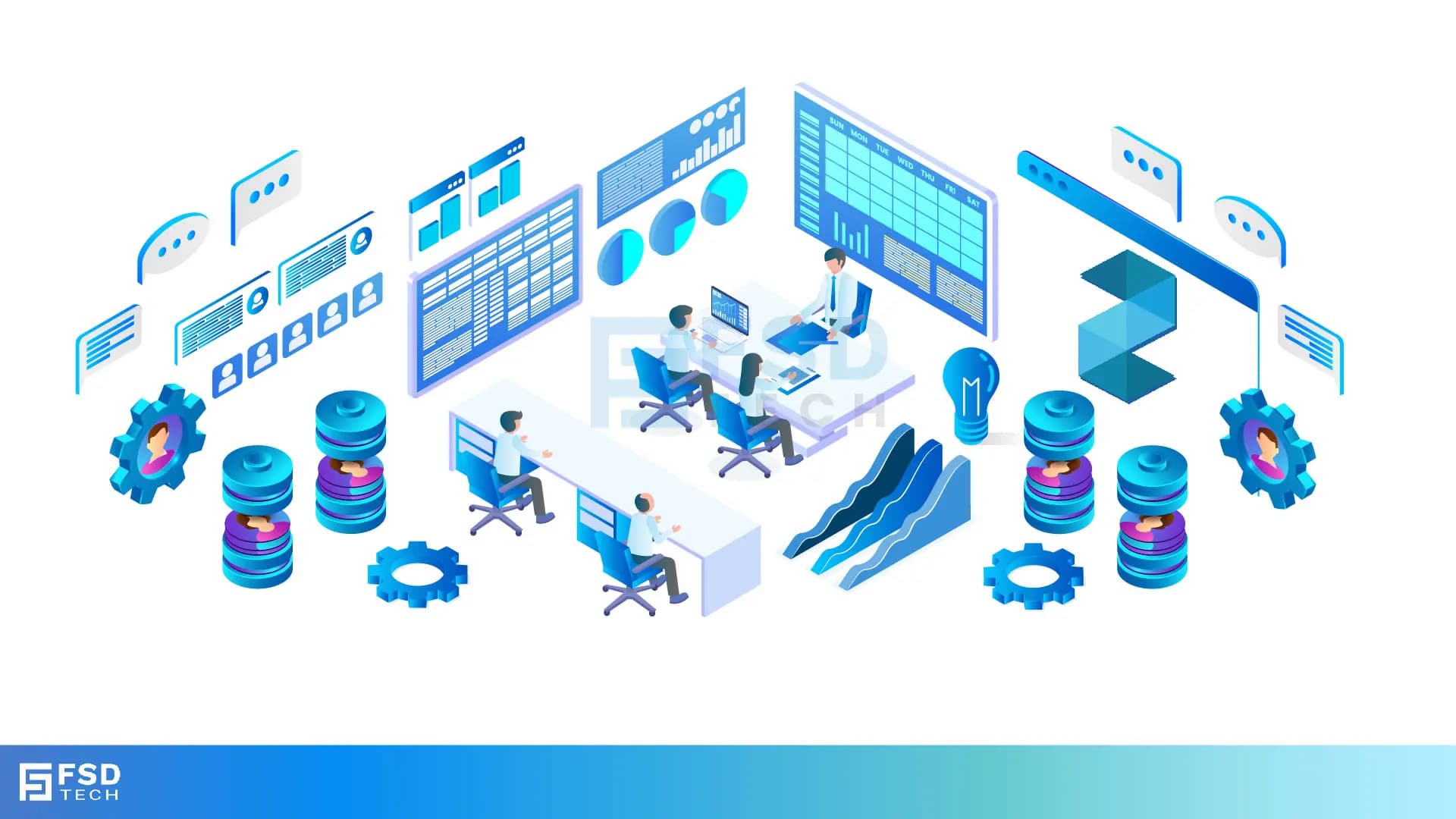 Illustration of HR professionals using Zeta HRMS integrated with third-party systems including dashboards, databases, and automation tools for streamlined HR operations.