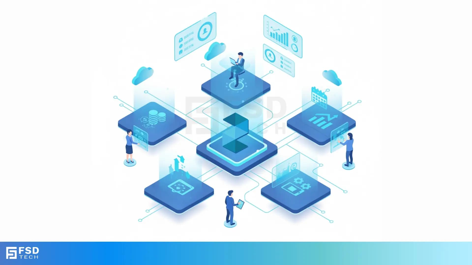 Isometric illustration showing Zeta HRMS modules interconnected—payroll, analytics, workforce planning, performance, and cloud-based HR operations—demonstrating an integrated digital HR ecosystem.