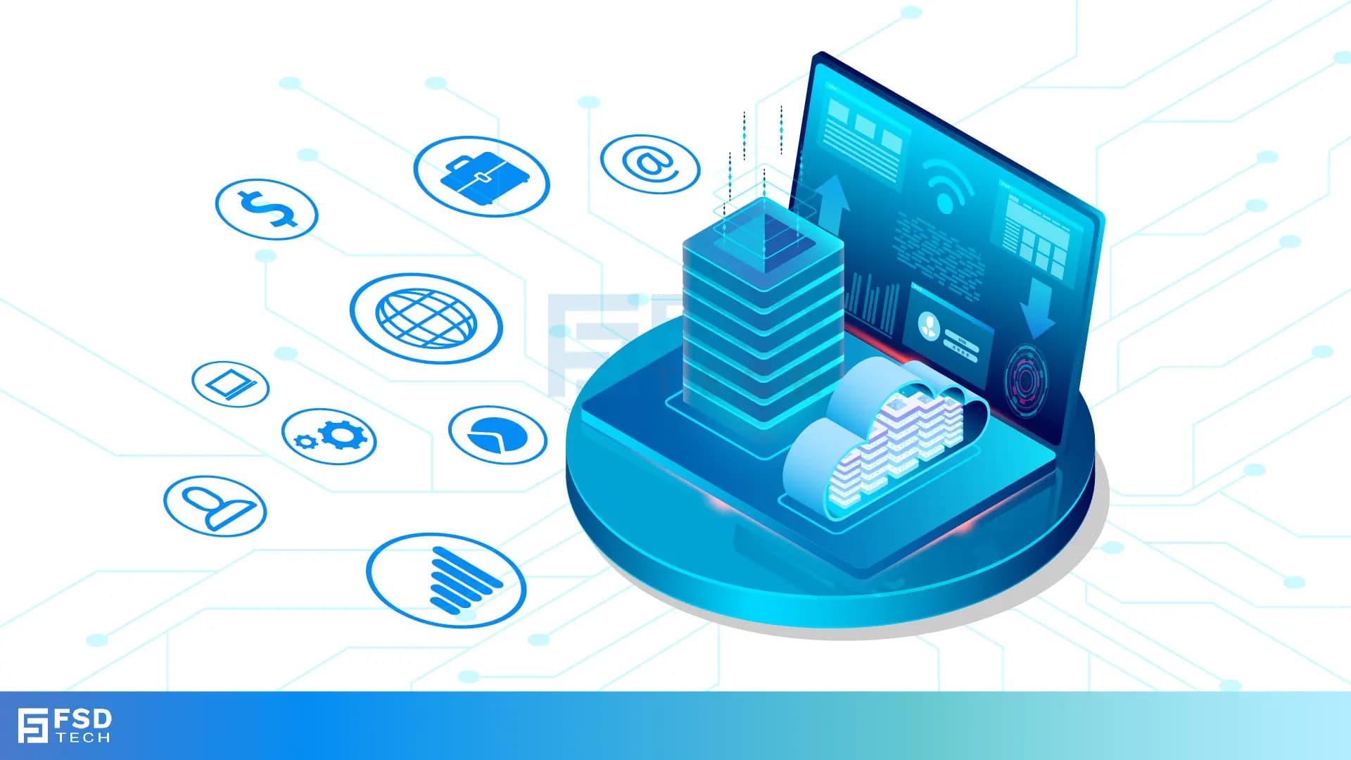 3D isometric illustration of cloud backup and data recovery infrastructure with laptop, data center stack, and digital business icons — FSD Tech
