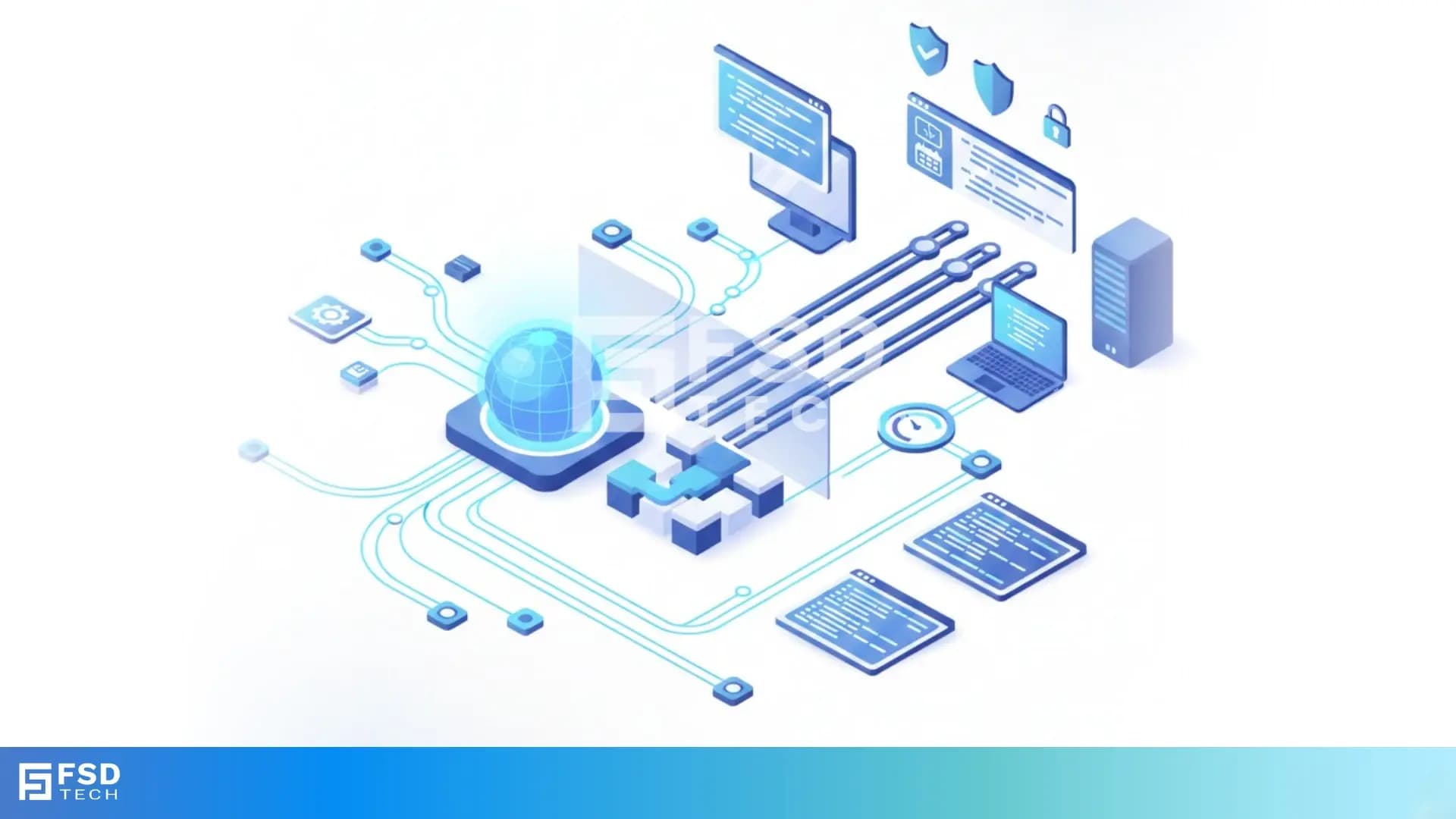 Isometric illustration showing Atera AI Copilot integrated with automation profiles and patch management workflows, depicting governed scripting, secure execution paths, approval checkpoints, and centralized control across IT systems.