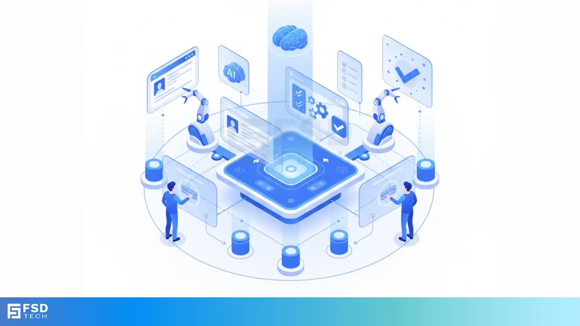 Isometric illustration showing an AI-powered automation hub with robotic arms, digital screens, and two people interacting with a centralized workflow engine. Represents automated onboarding, approvals, and workflow intelligence.
