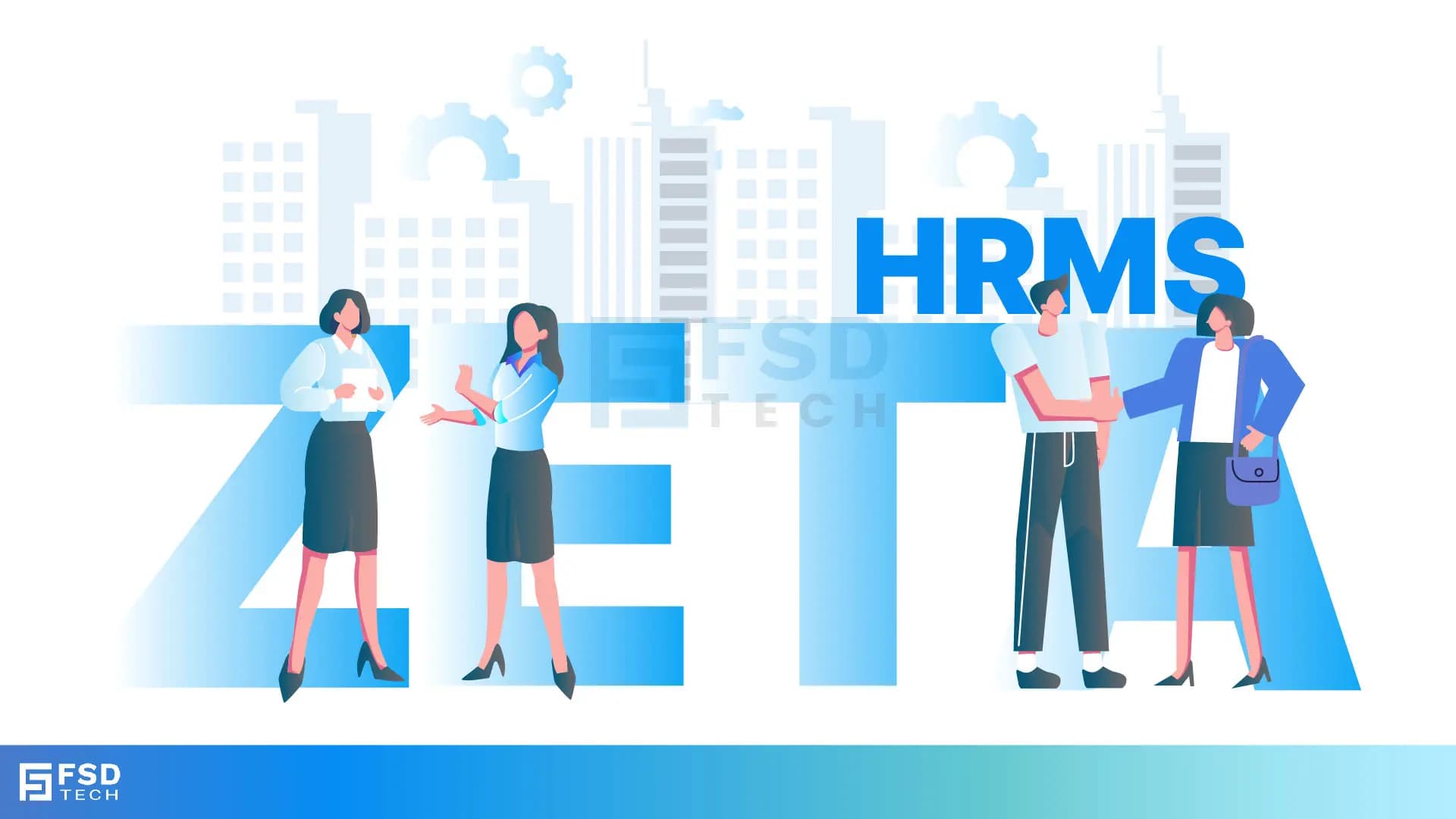 Illustration of Zeta HRMS with professionals collaborating, symbolizing multi-company workforce management and seamless HR operations.