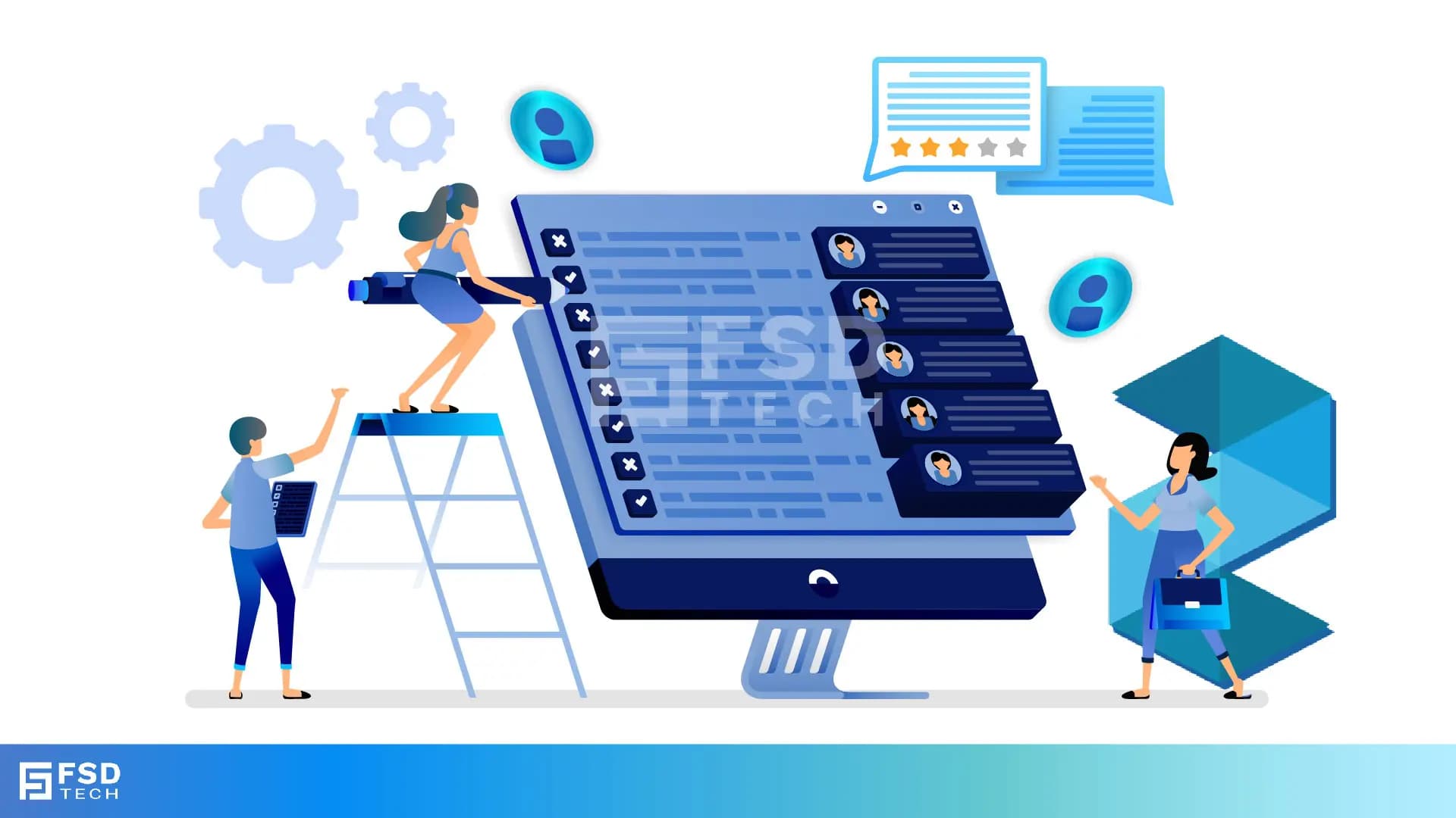 Illustration of HR professionals using a large digital feedback dashboard with checklists, employee profiles, and performance ratings, representing 360-degree feedback in Zeta HRMS.