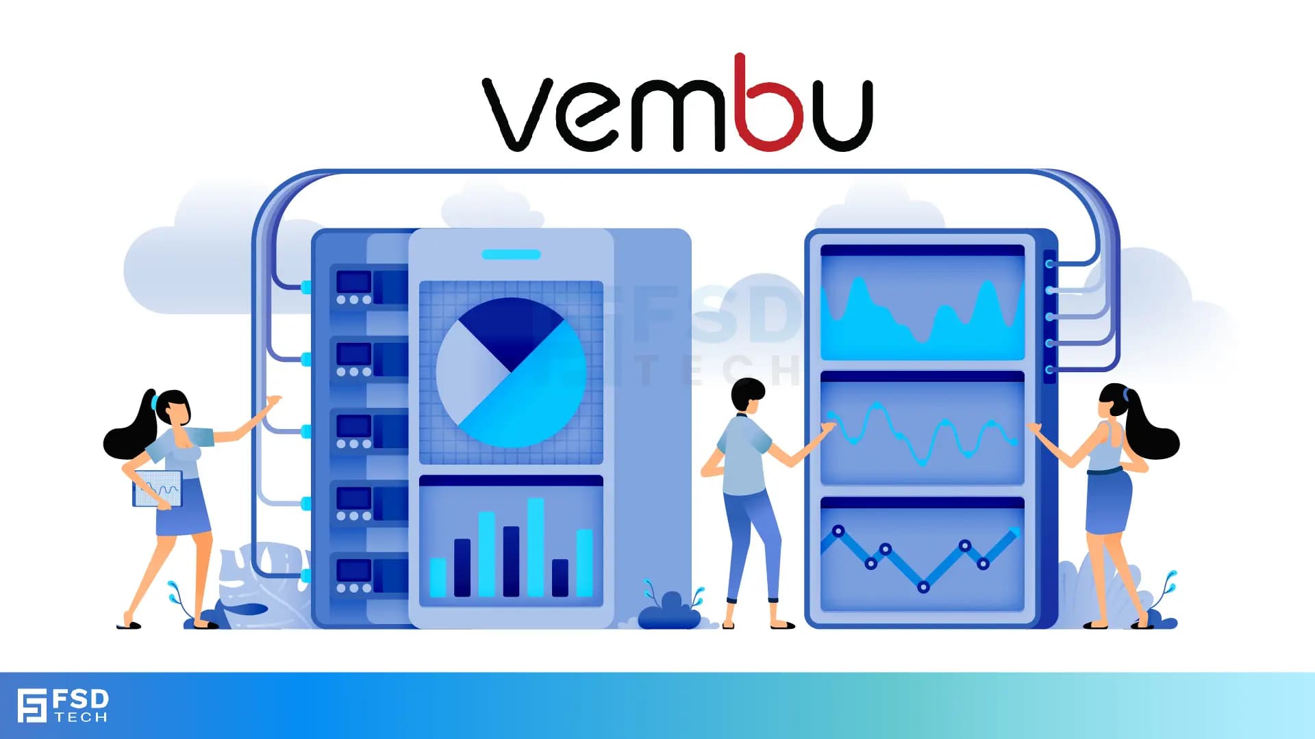 Vembu BDR illustration showing data backup, cloud storage, and server management in blue theme with FSD Tech logo