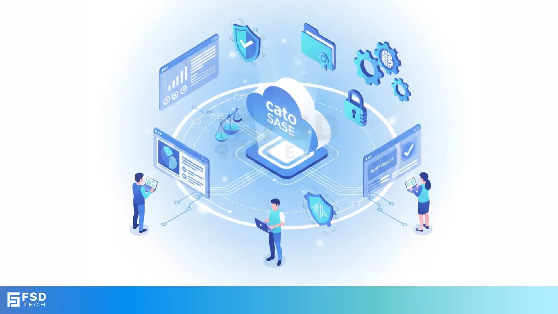 Isometric illustration showing Cato SASE as a cloud platform managing audit reports, data protection, and compliance. Depicts professionals monitoring dashboards with icons for shields, locks, reports, and analytics around a central cloud labeled ‘Cato SASE.’ Includes FSD Tech logo and blue gradient footer.