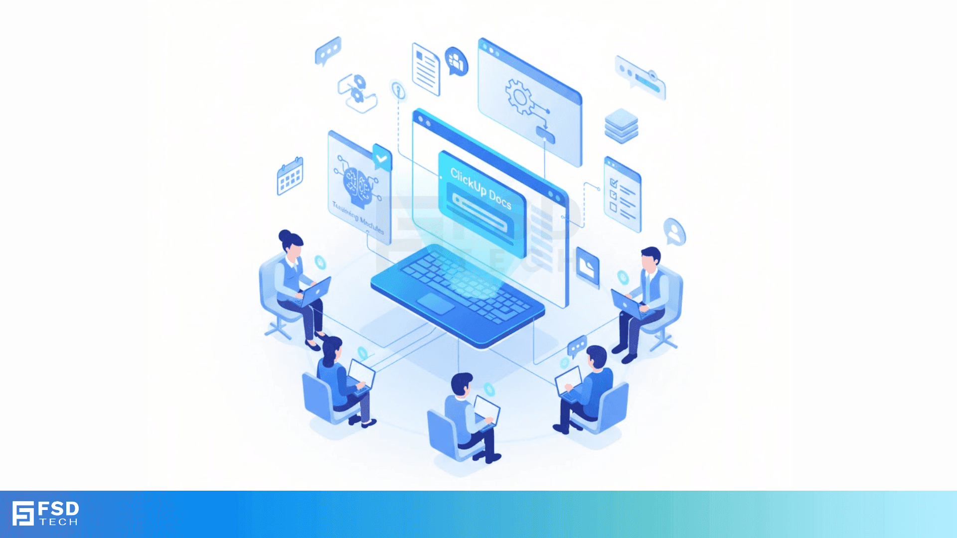 Infographic showing ClickUp Brain AI features, including automated project management updates, AI stand-ups, intelligent task allocation, centralized documentation search, and custom AI agents for workflow automation, with illustrations of robots and team task distribution