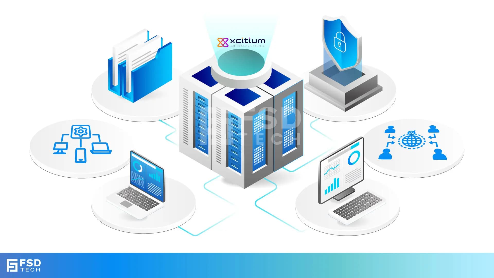 Isometric illustration of Xcitium cybersecurity infrastructure showing secure servers, shield protection, network management, and global endpoint security monitoring.
