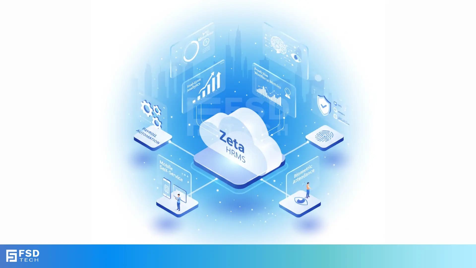 Illustration of Zeta HRMS cloud-based HR platform showing integrated payroll automation, biometric attendance, mobile self-service, predictive workforce analytics, and secure compliance-ready HR workflows designed for UAE organizations.